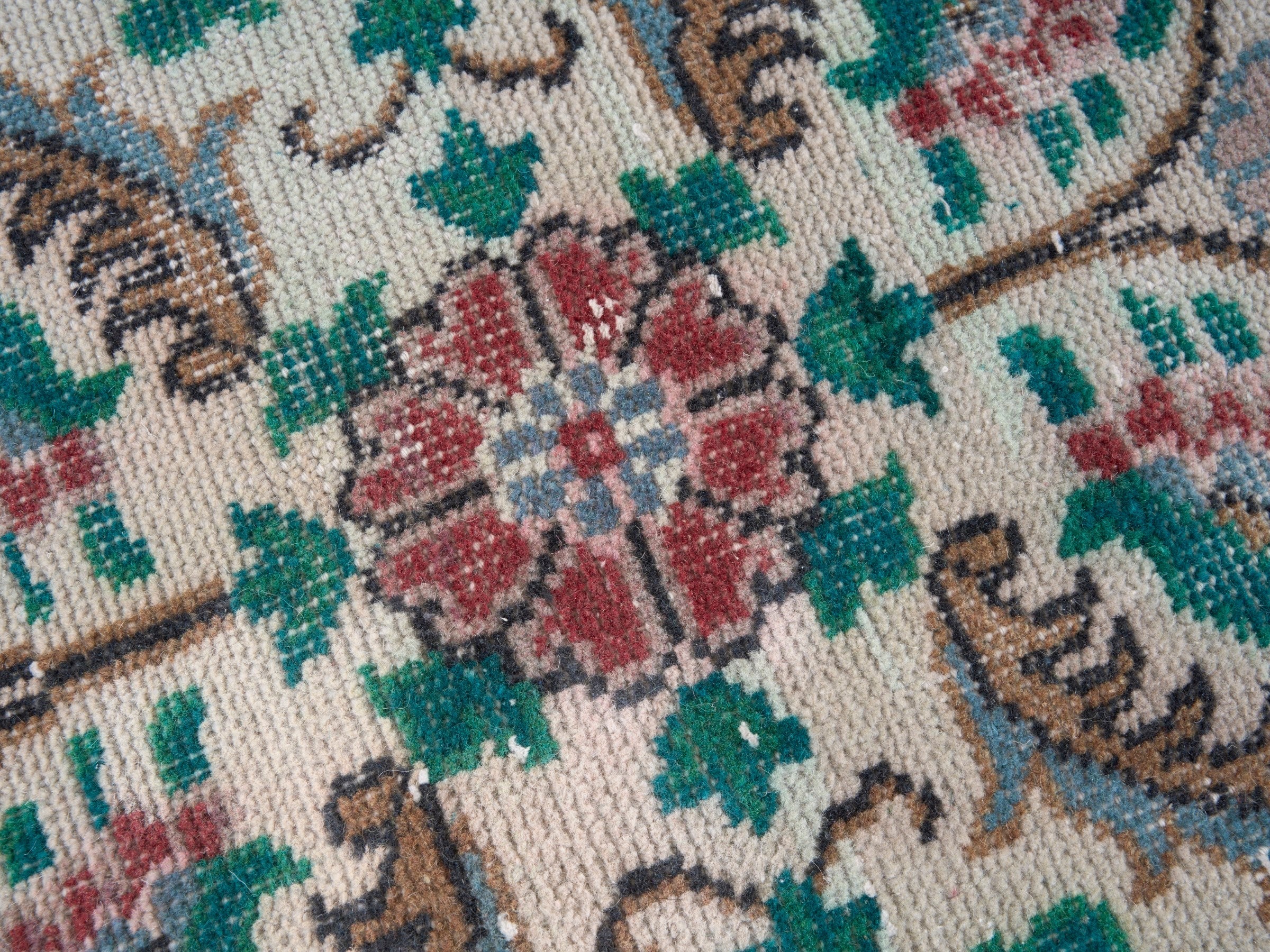 Turkish Isparta area rug in cream and teal, view 7 of 10