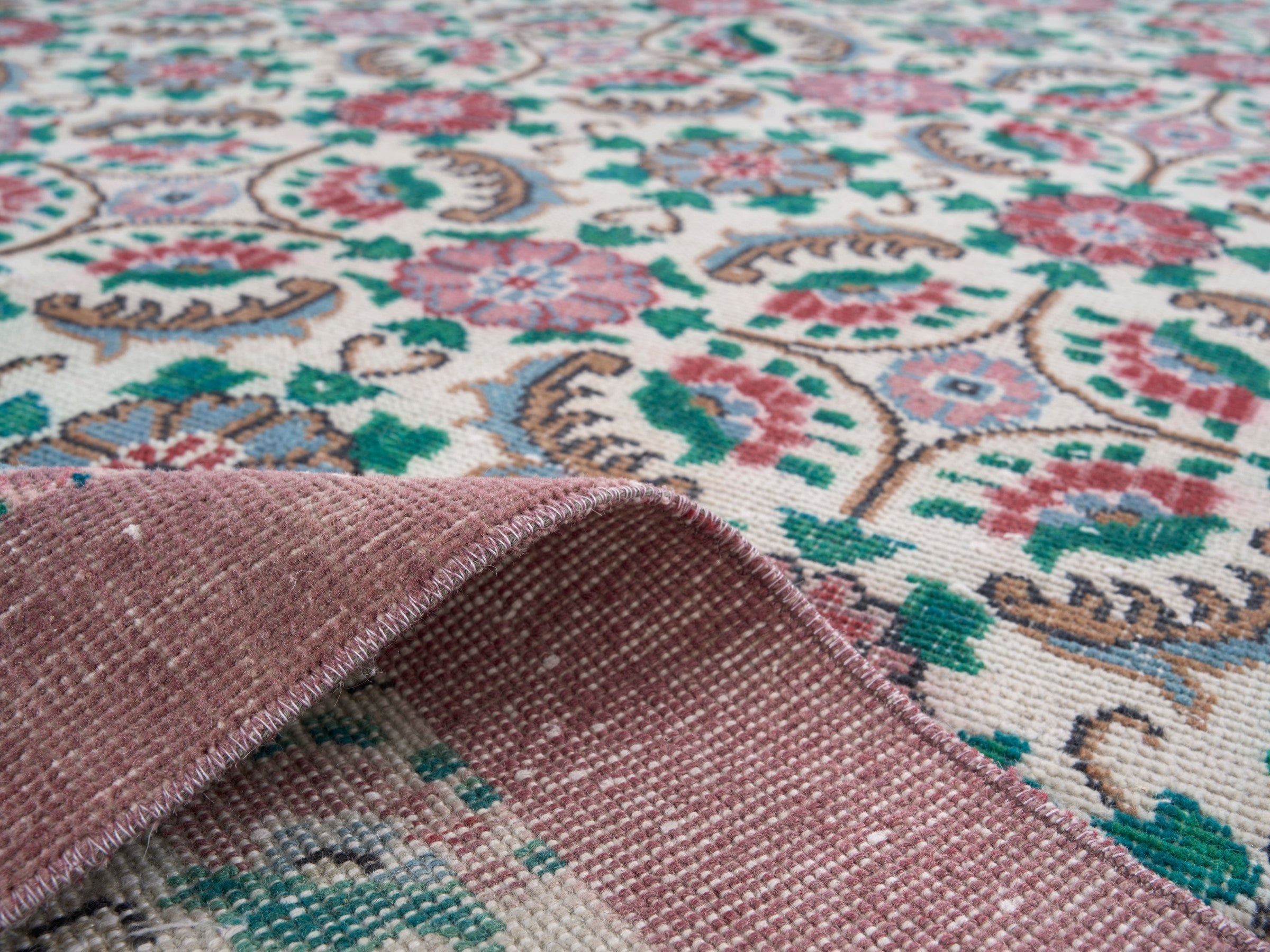 Turkish Isparta area rug in cream and teal, view 9 of 10