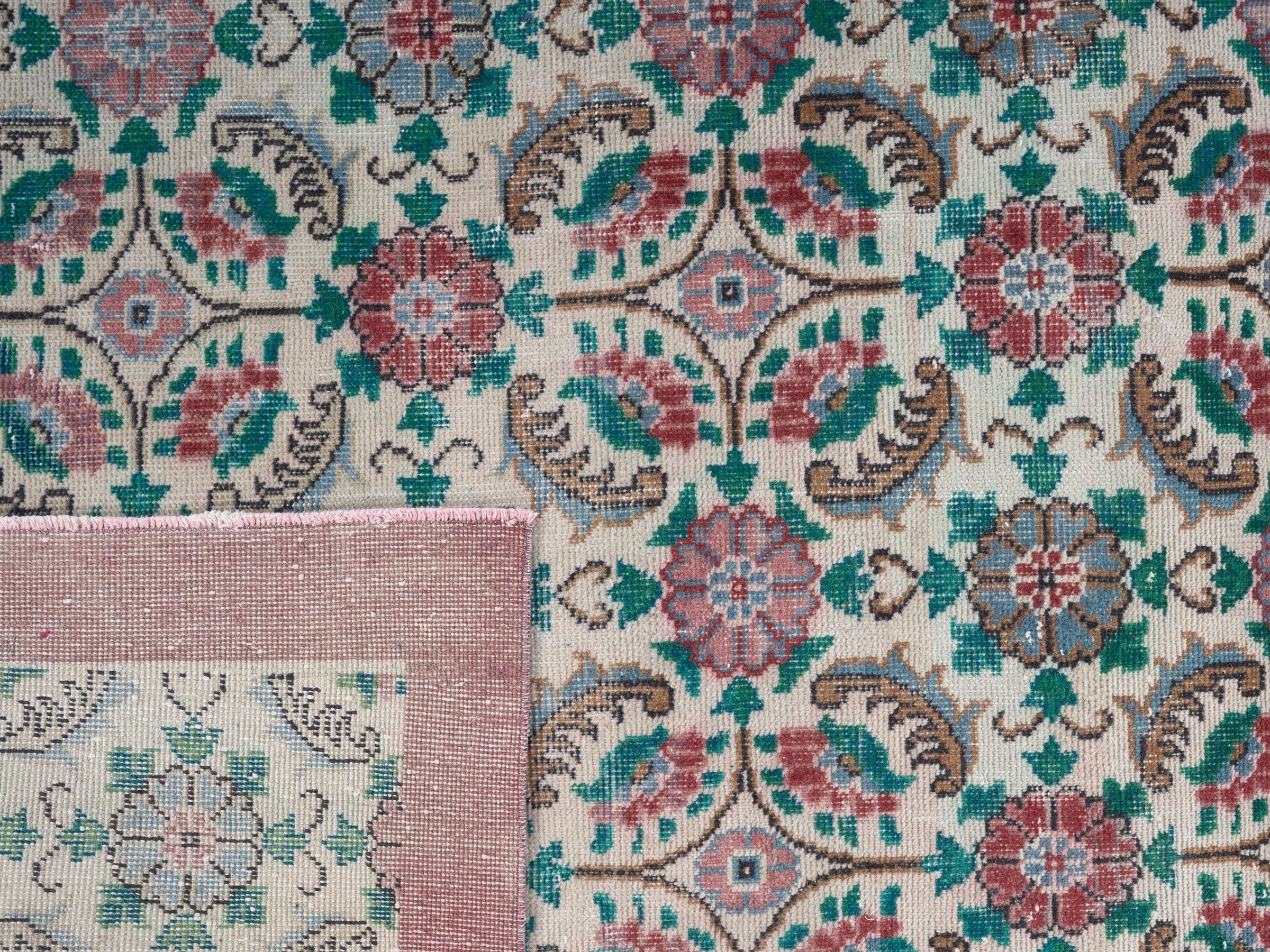 Turkish Isparta area rug in cream and teal, view 10 of 10
