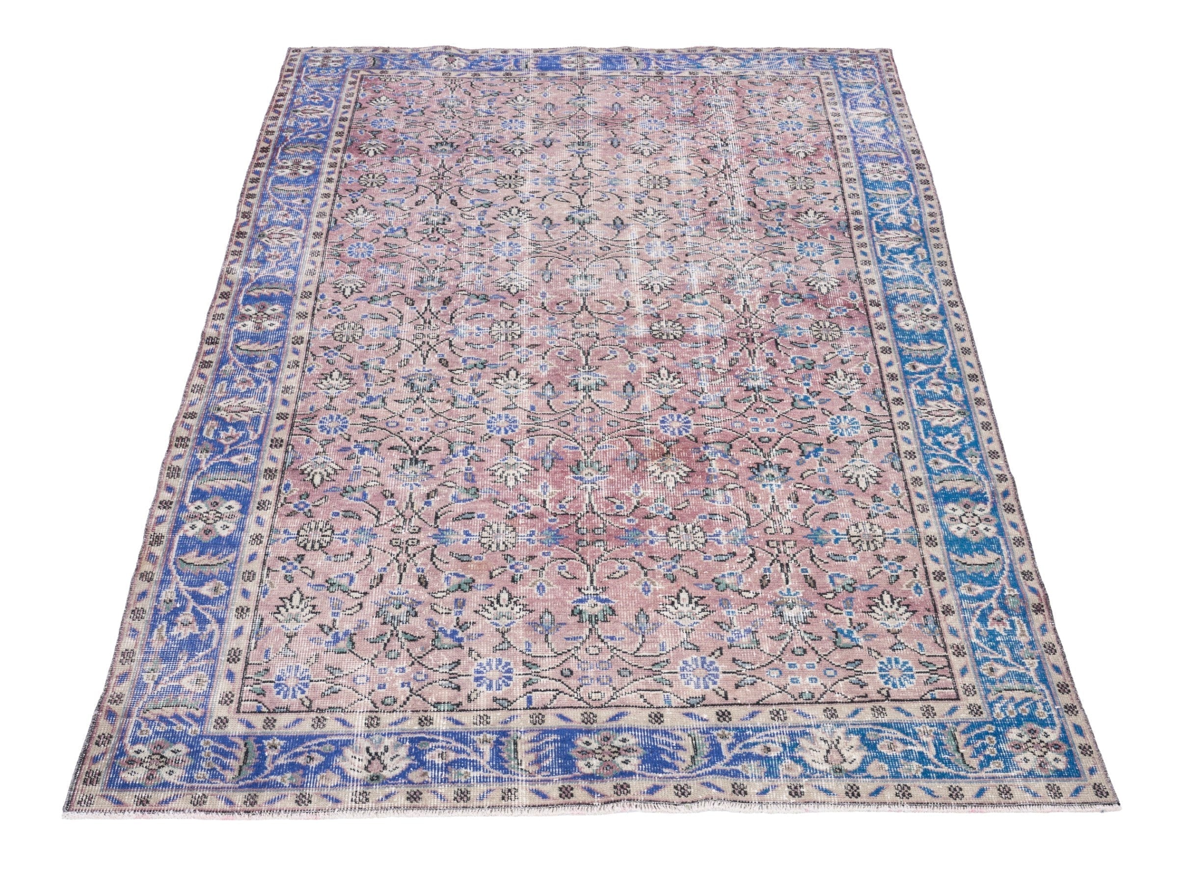 Turkish Isparta area rug in muted pink and dark blue, view 2 of 10