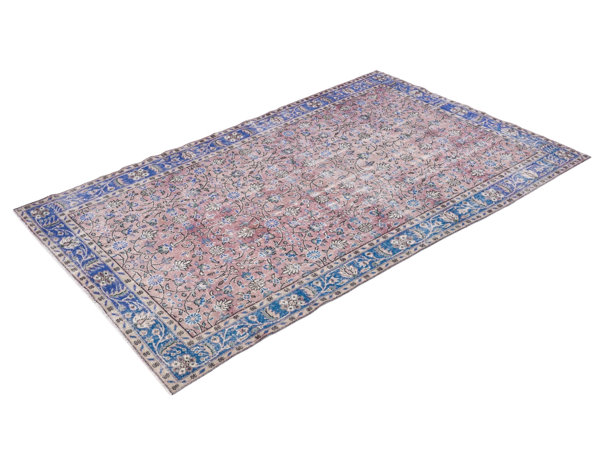 Turkish Isparta area rug in muted pink and dark blue, view 3 of 10