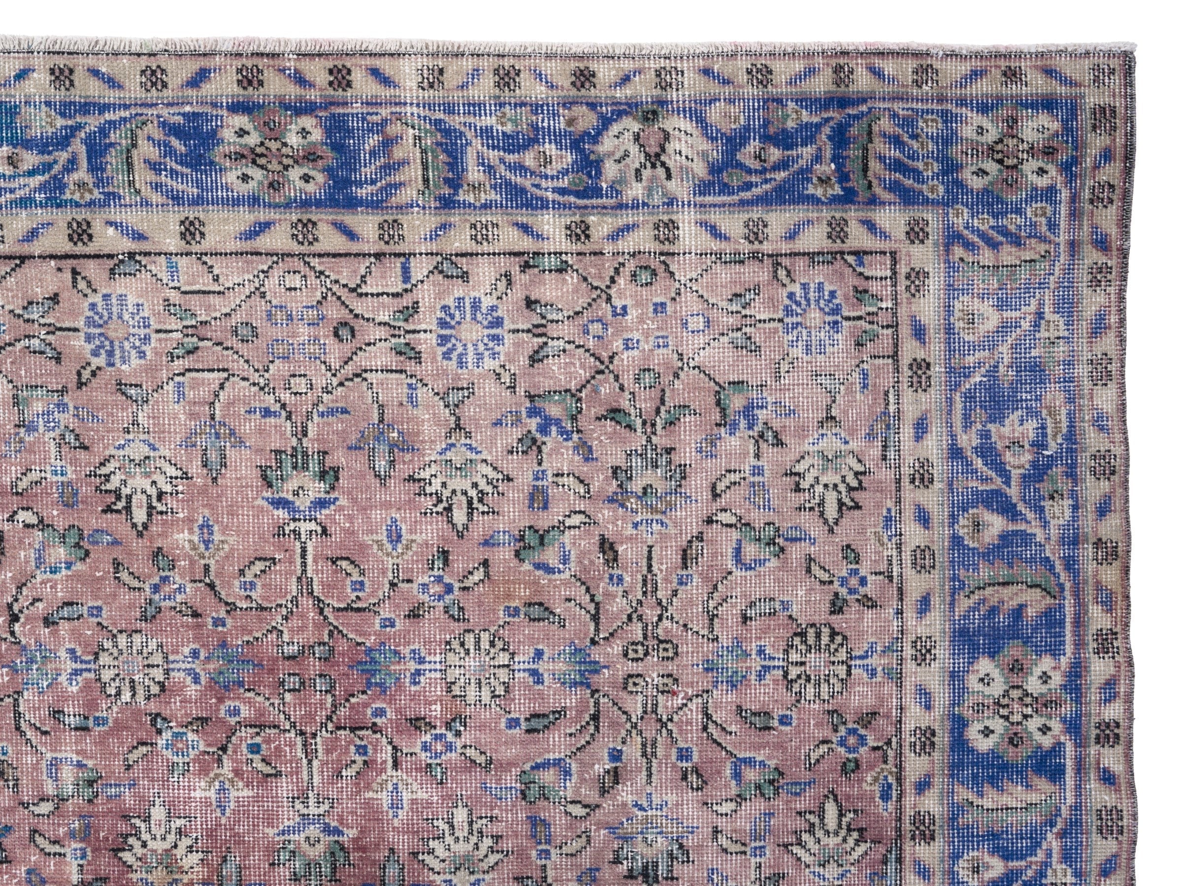 Turkish Isparta area rug in muted pink and dark blue, view 8 of 10