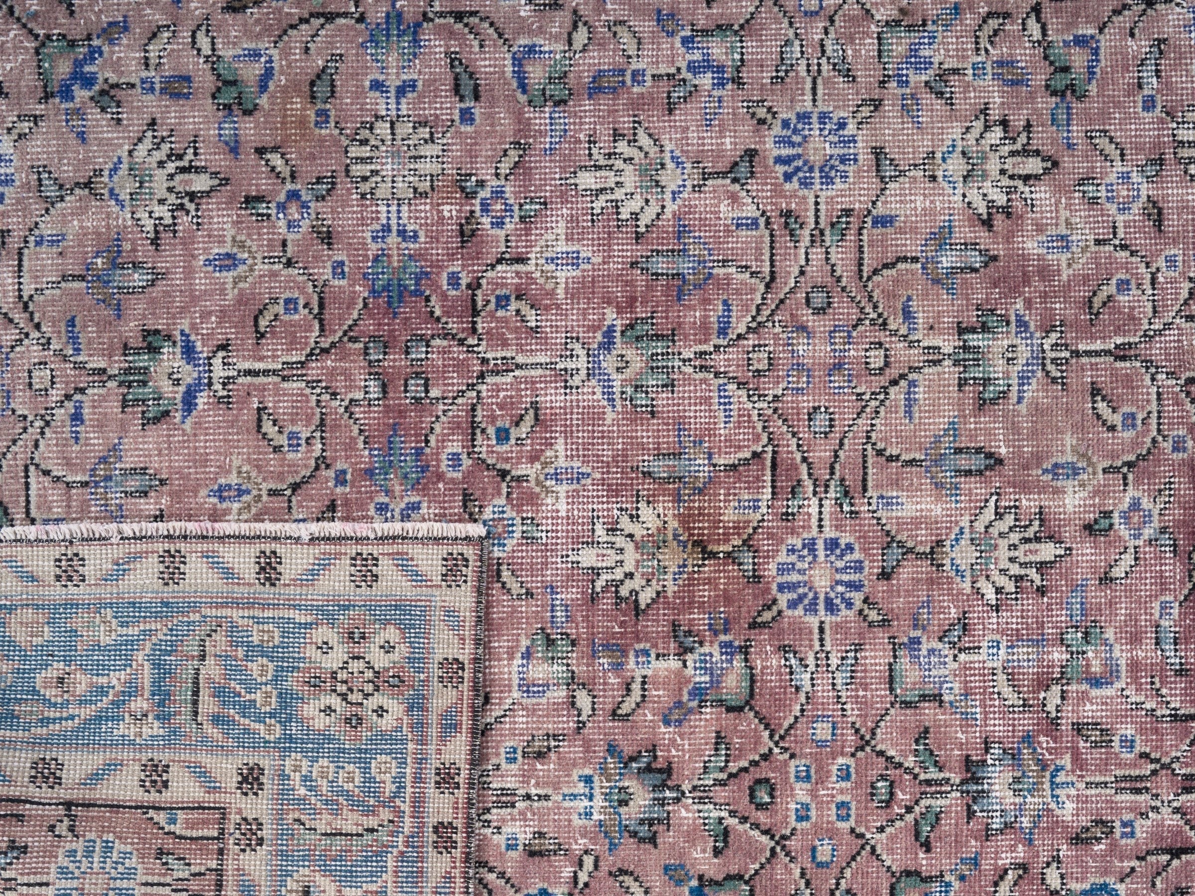 Turkish Isparta area rug in muted pink and dark blue, view 10 of 10