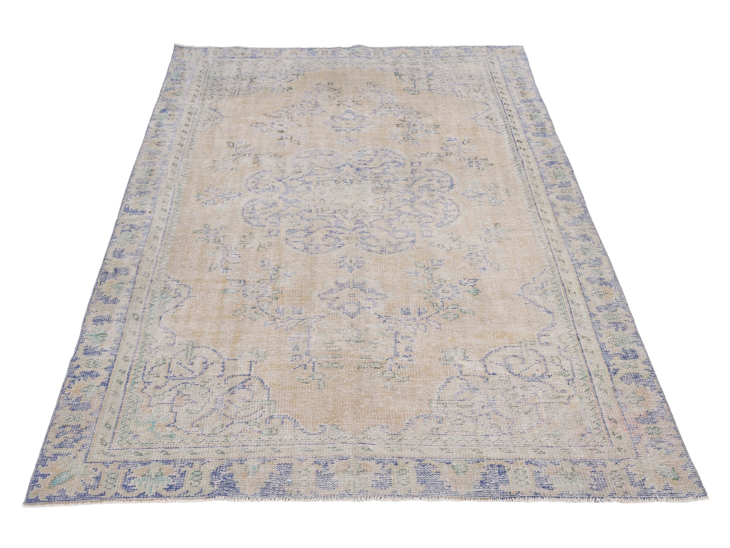 Turkish Manisa area rug in beige and dusty blue, view 2 of 10
