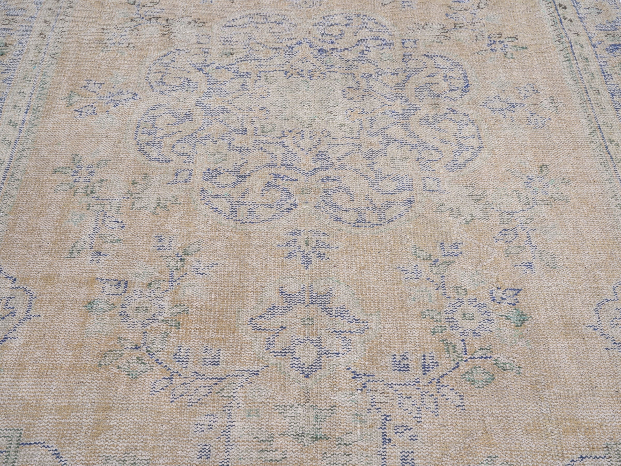 Turkish Manisa area rug in beige and dusty blue, view 4 of 10