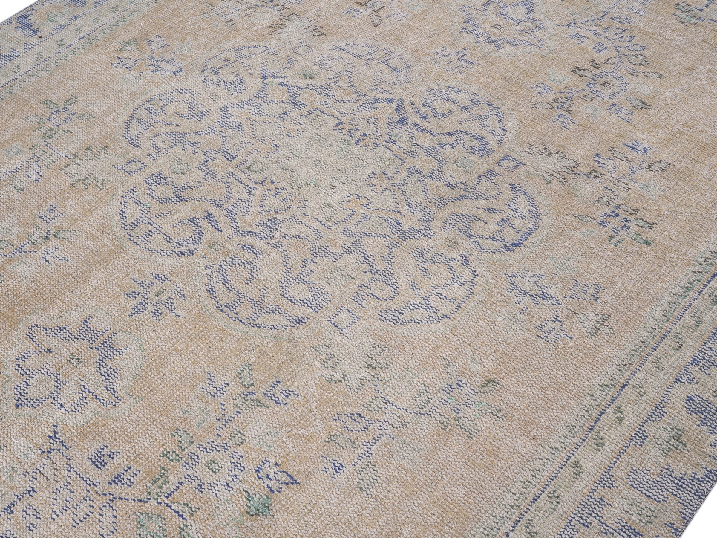 Turkish Manisa area rug in beige and dusty blue, view 5 of 10
