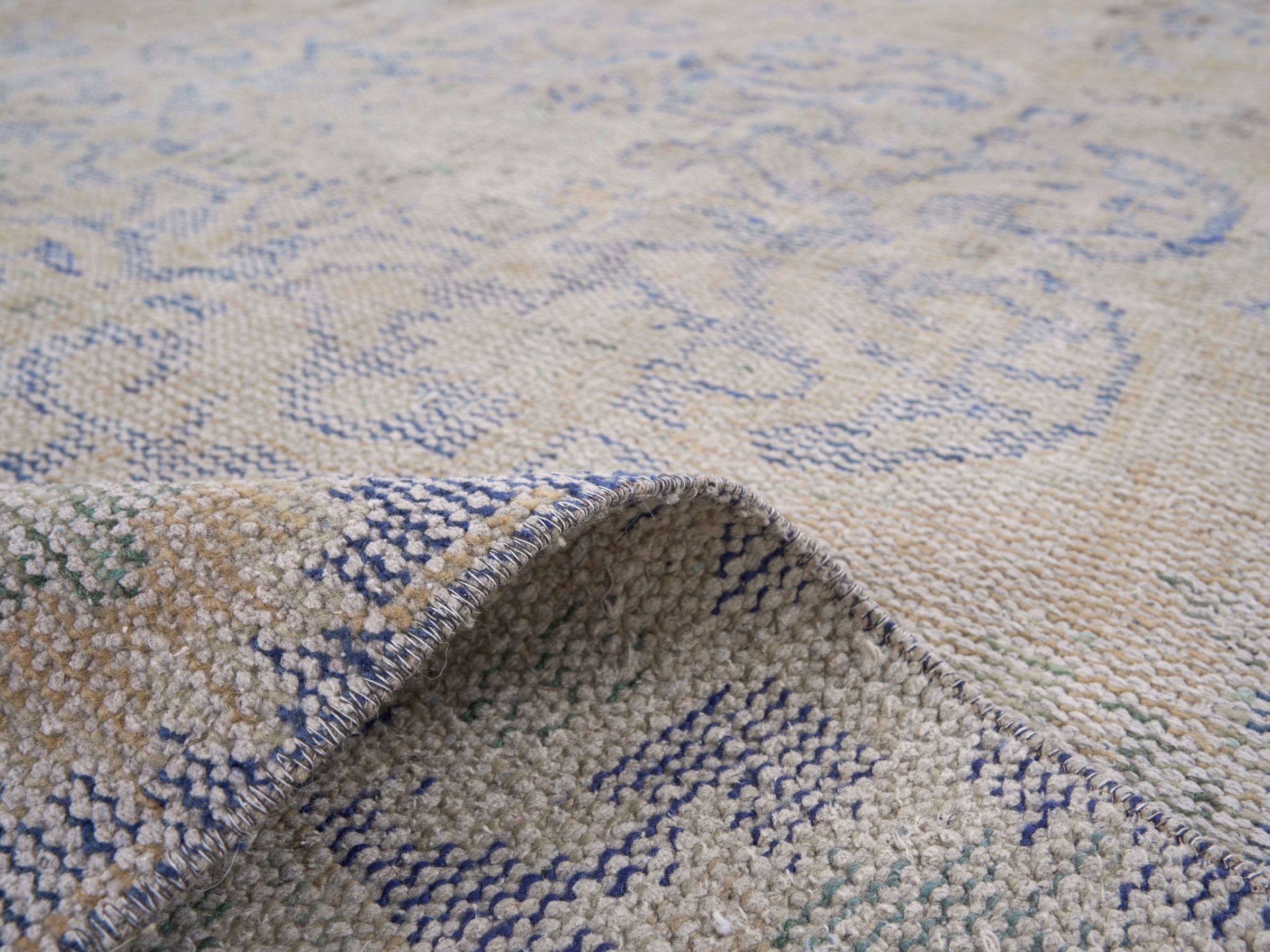 Turkish Manisa area rug in beige and dusty blue, view 9 of 10
