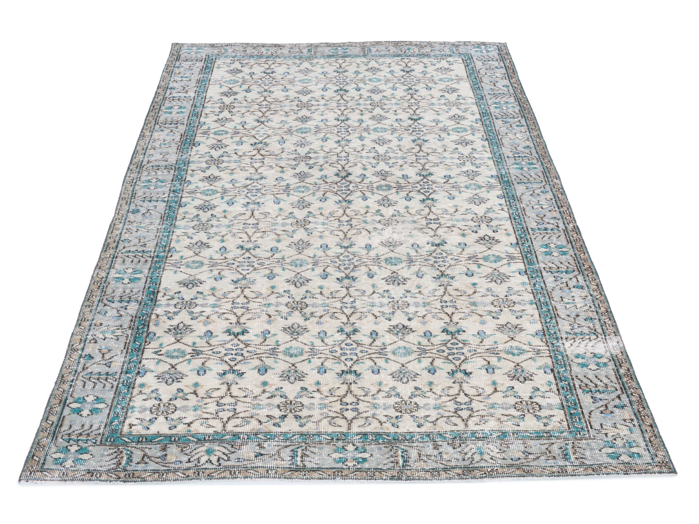 Turkish Manisa area rug in ivory and denim, view 2 of 10