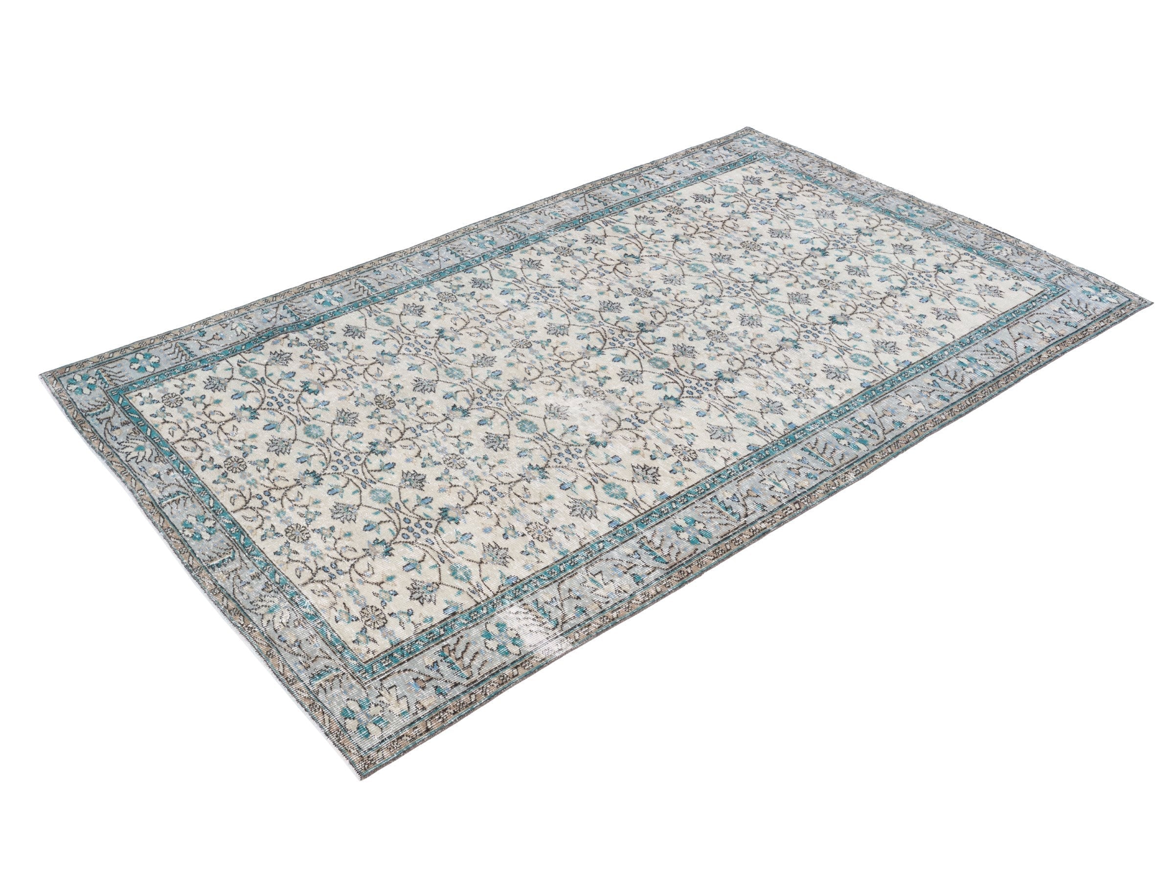 Turkish Manisa area rug in ivory and denim, view 3 of 10