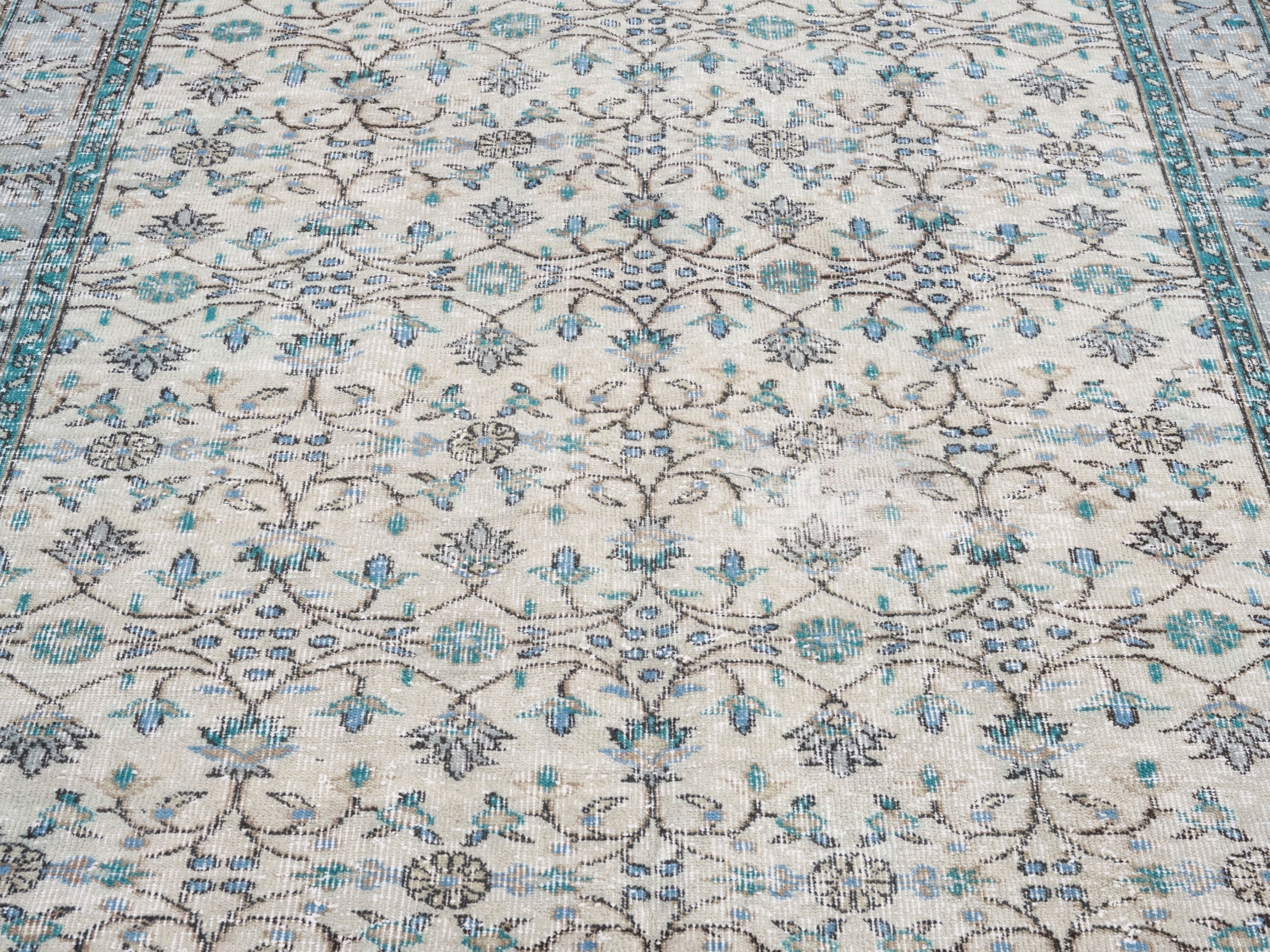 Turkish Manisa area rug in ivory and denim, view 4 of 10