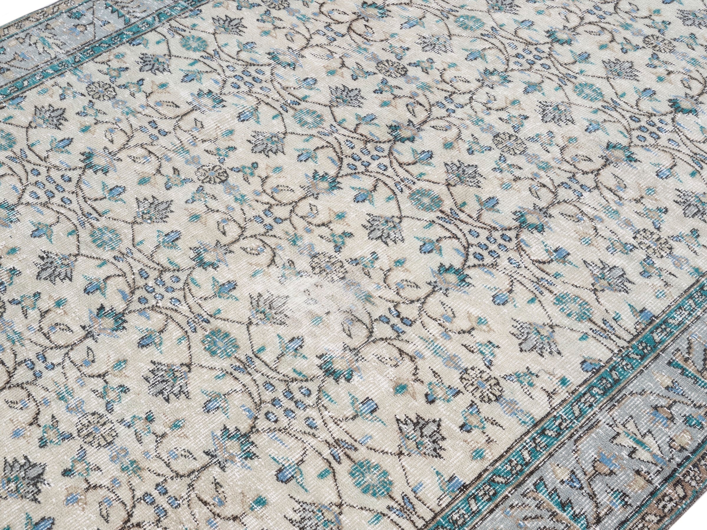 Turkish Manisa area rug in ivory and denim, view 5 of 10