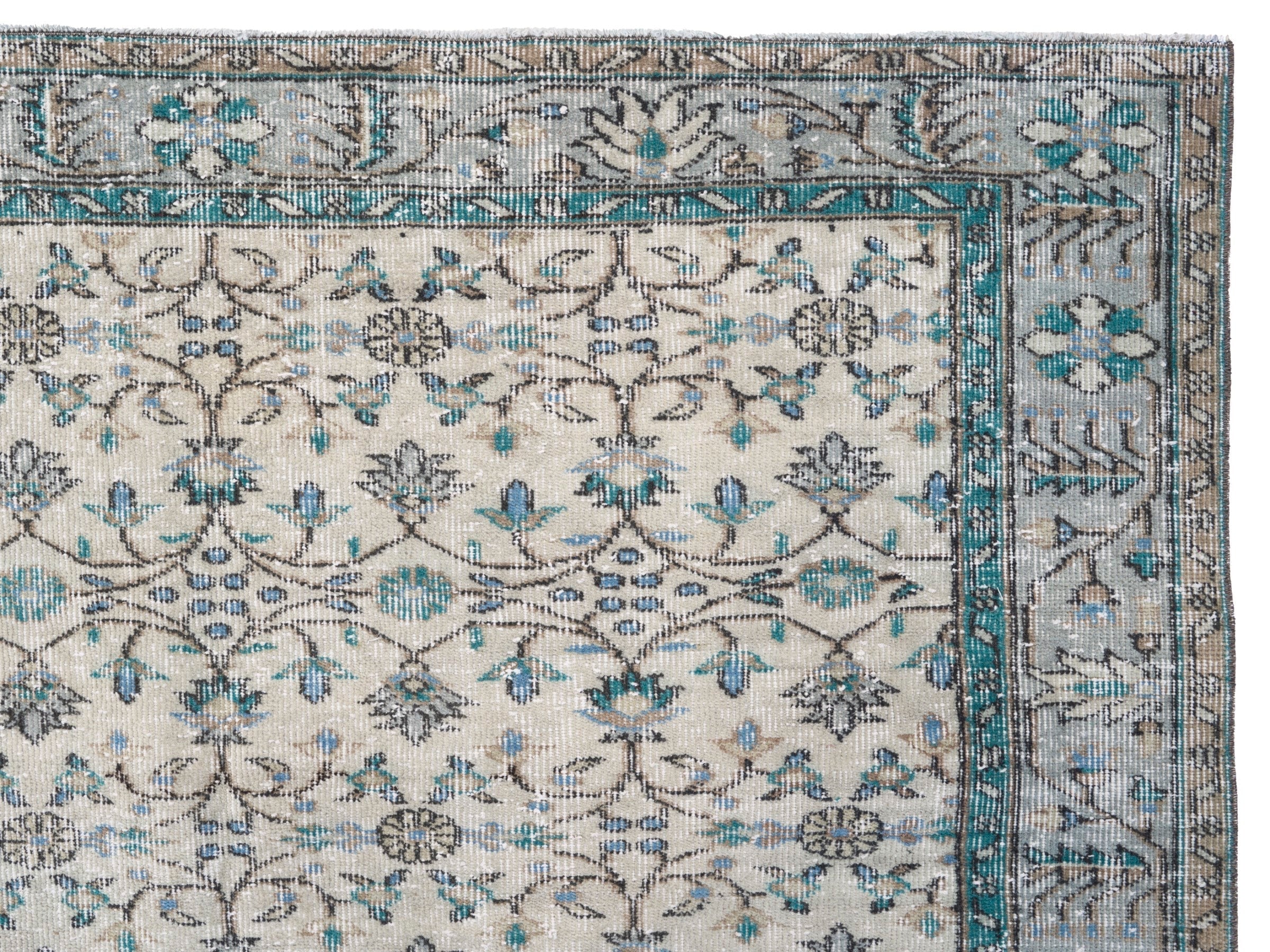 Turkish Manisa area rug in ivory and denim, view 8 of 10