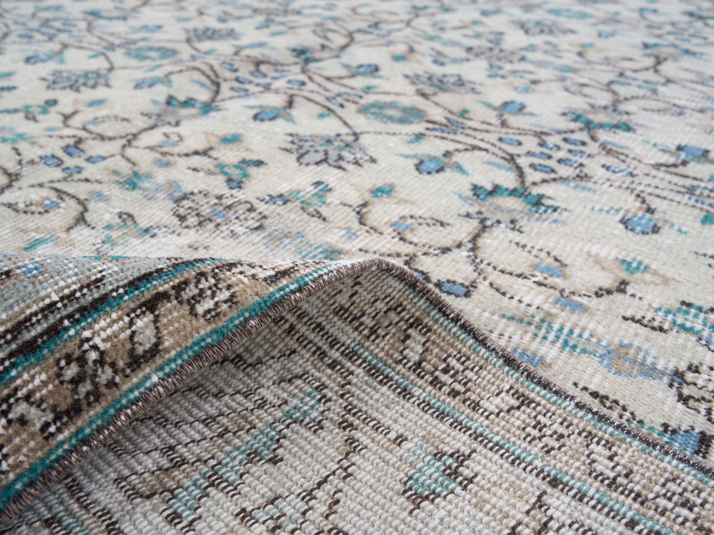 Turkish Manisa area rug in ivory and denim, view 9 of 10