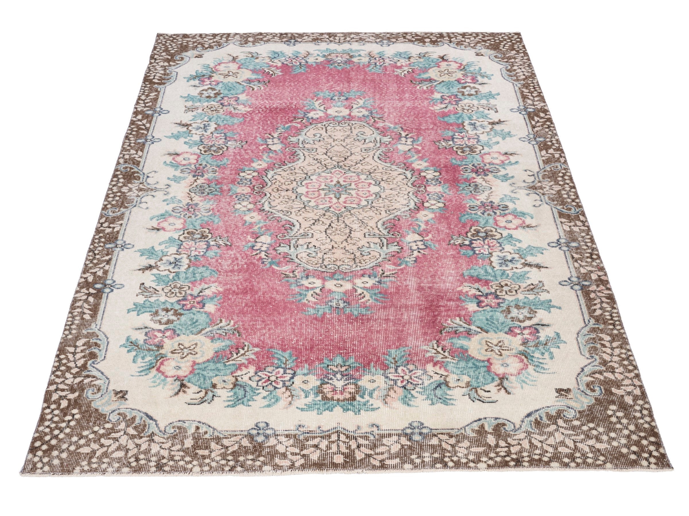 Turkish Isparta area rug in rose and cream, view 2 of 10