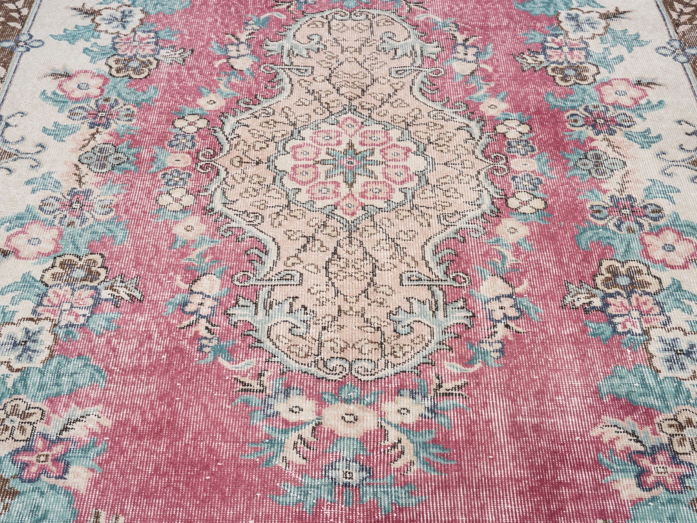 Turkish Isparta area rug in rose and cream, view 4 of 10