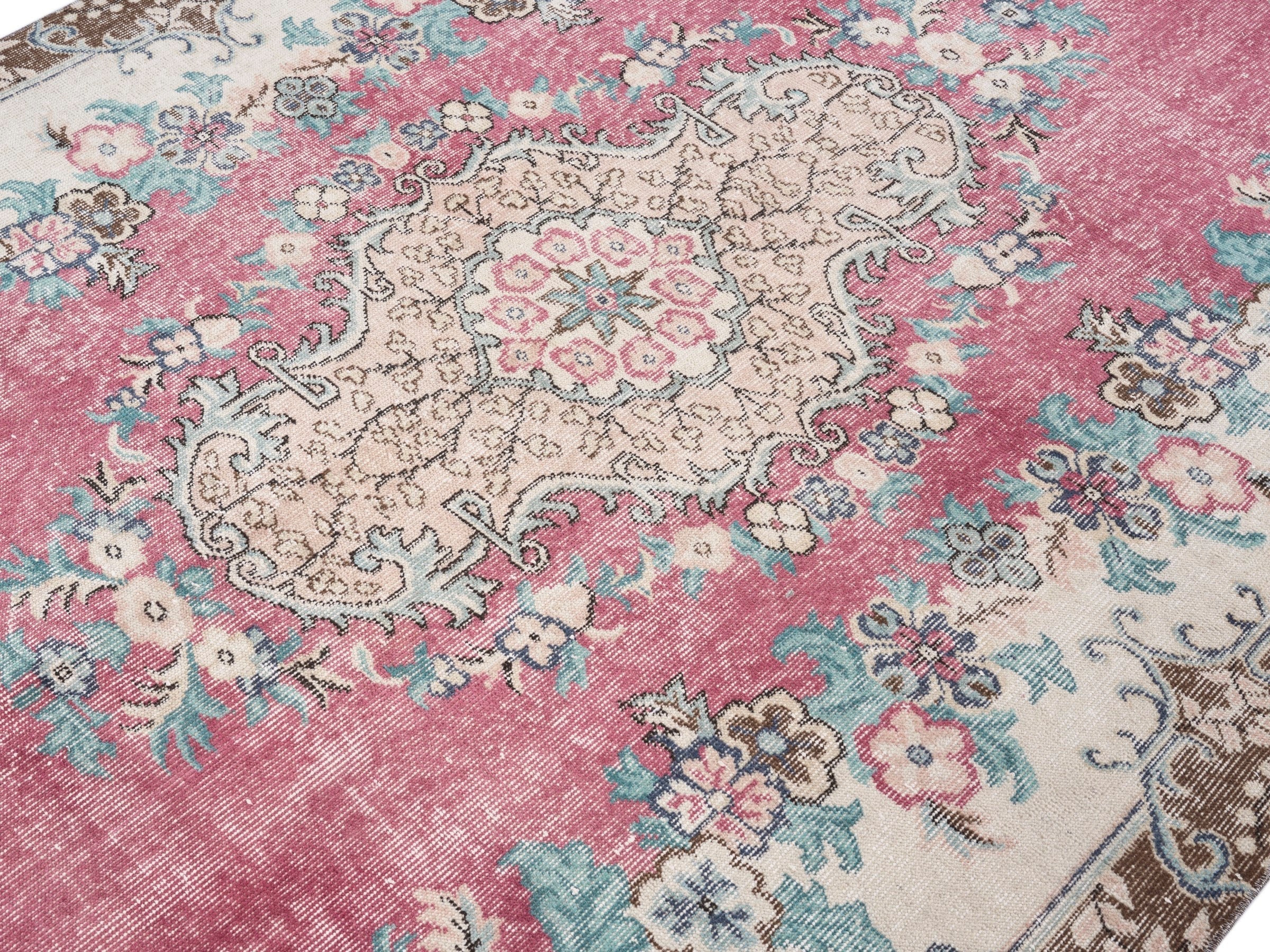 Turkish Isparta area rug in rose and cream, view 5 of 10