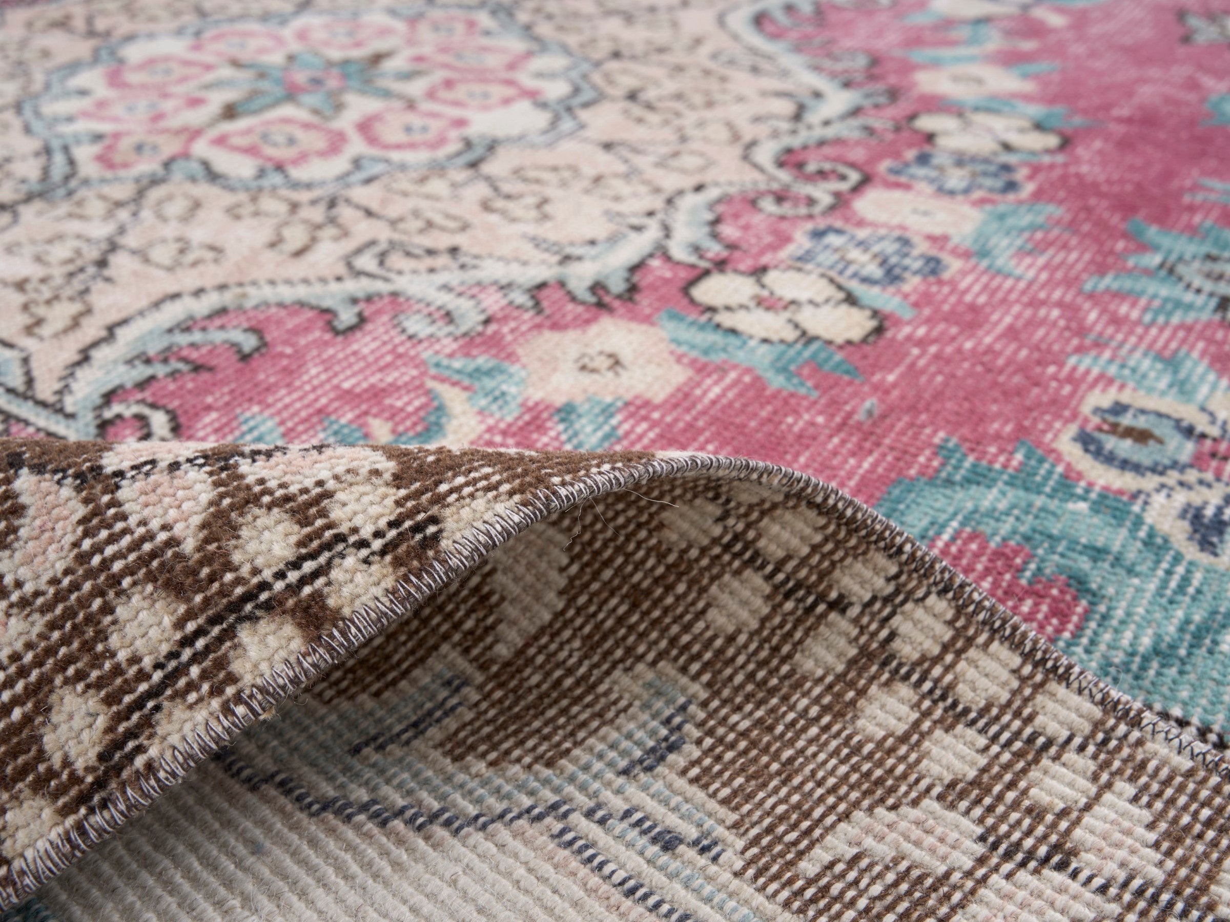 Turkish Isparta area rug in rose and cream, view 9 of 10