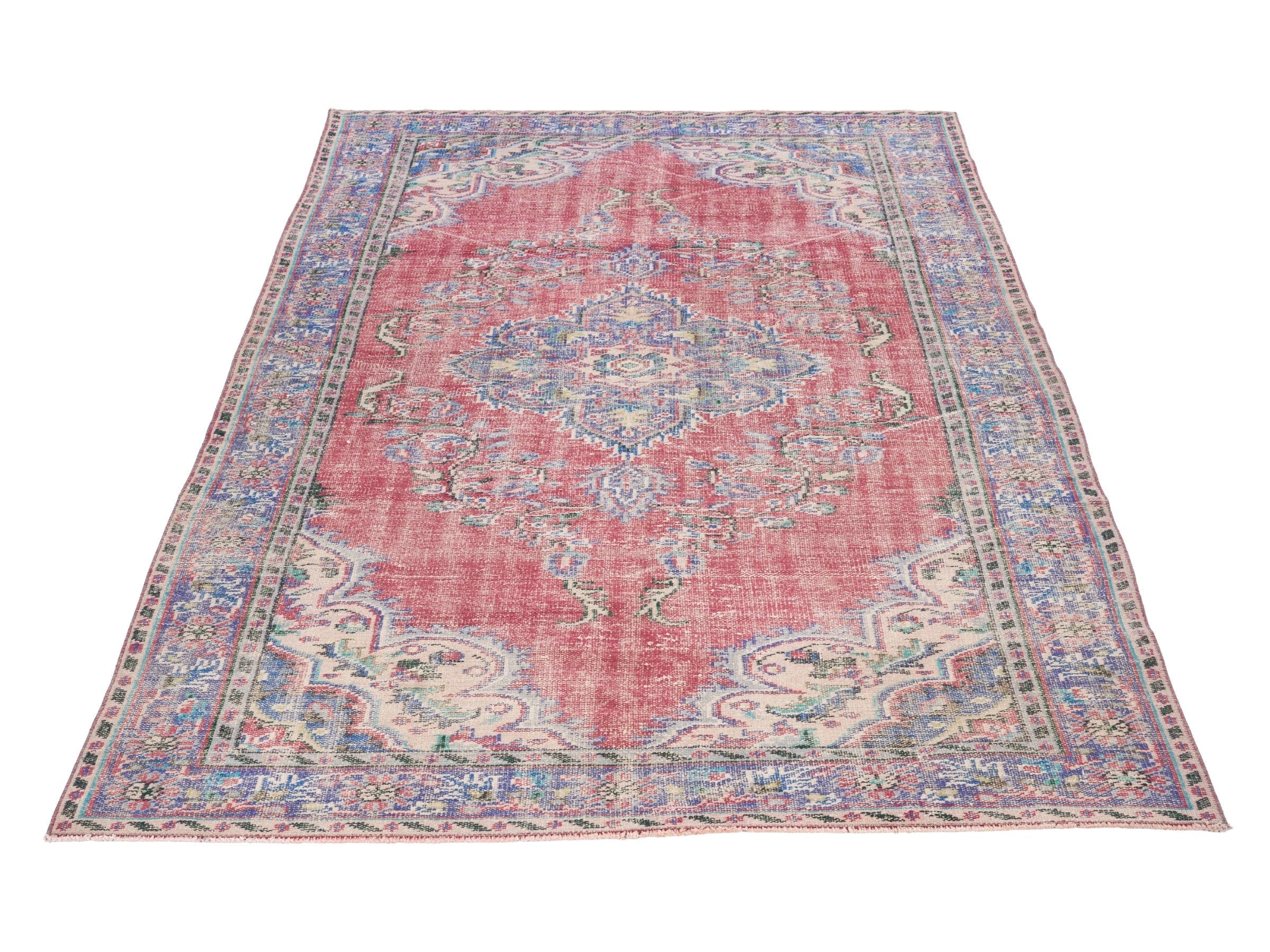 Turkish Manisa area rug in rose and slate blue, view 2 of 10