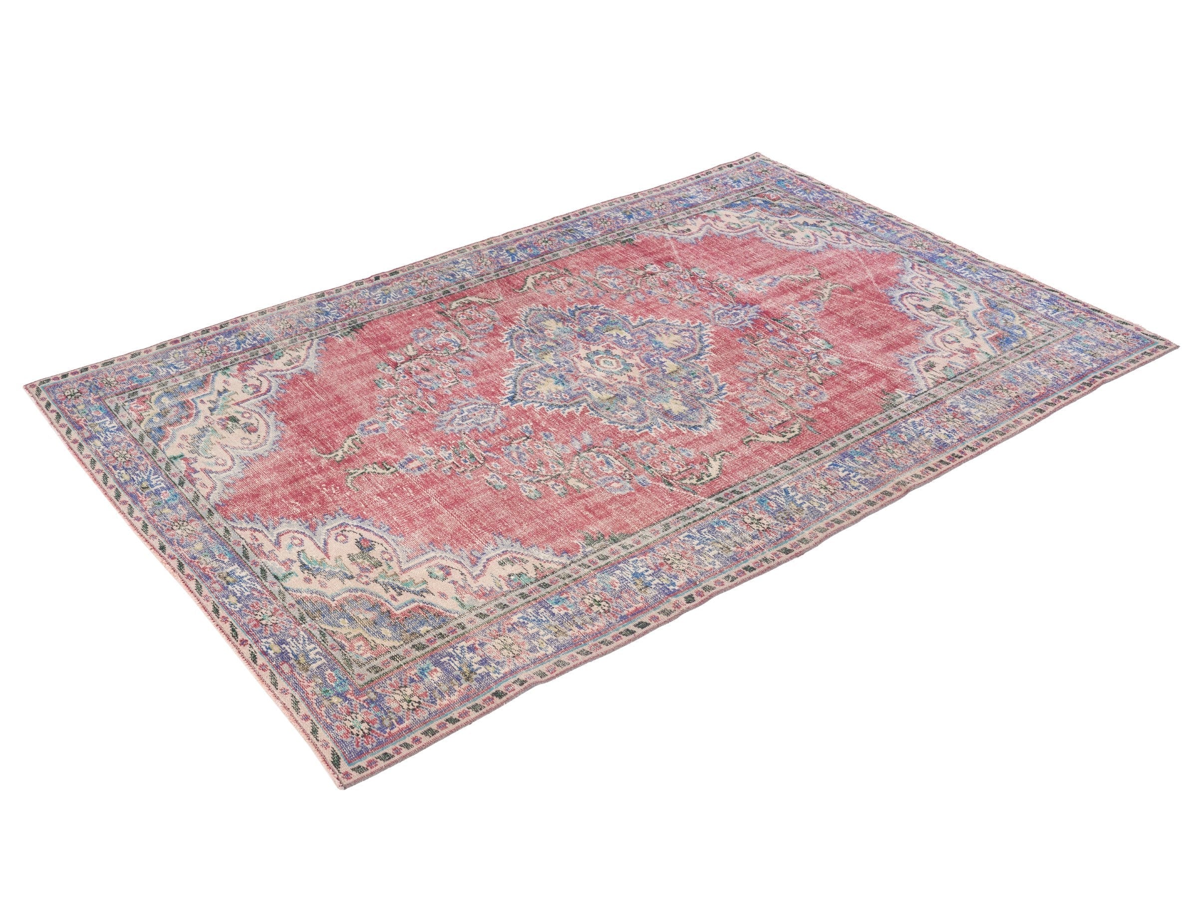 Turkish Manisa area rug in rose and slate blue, view 3 of 10