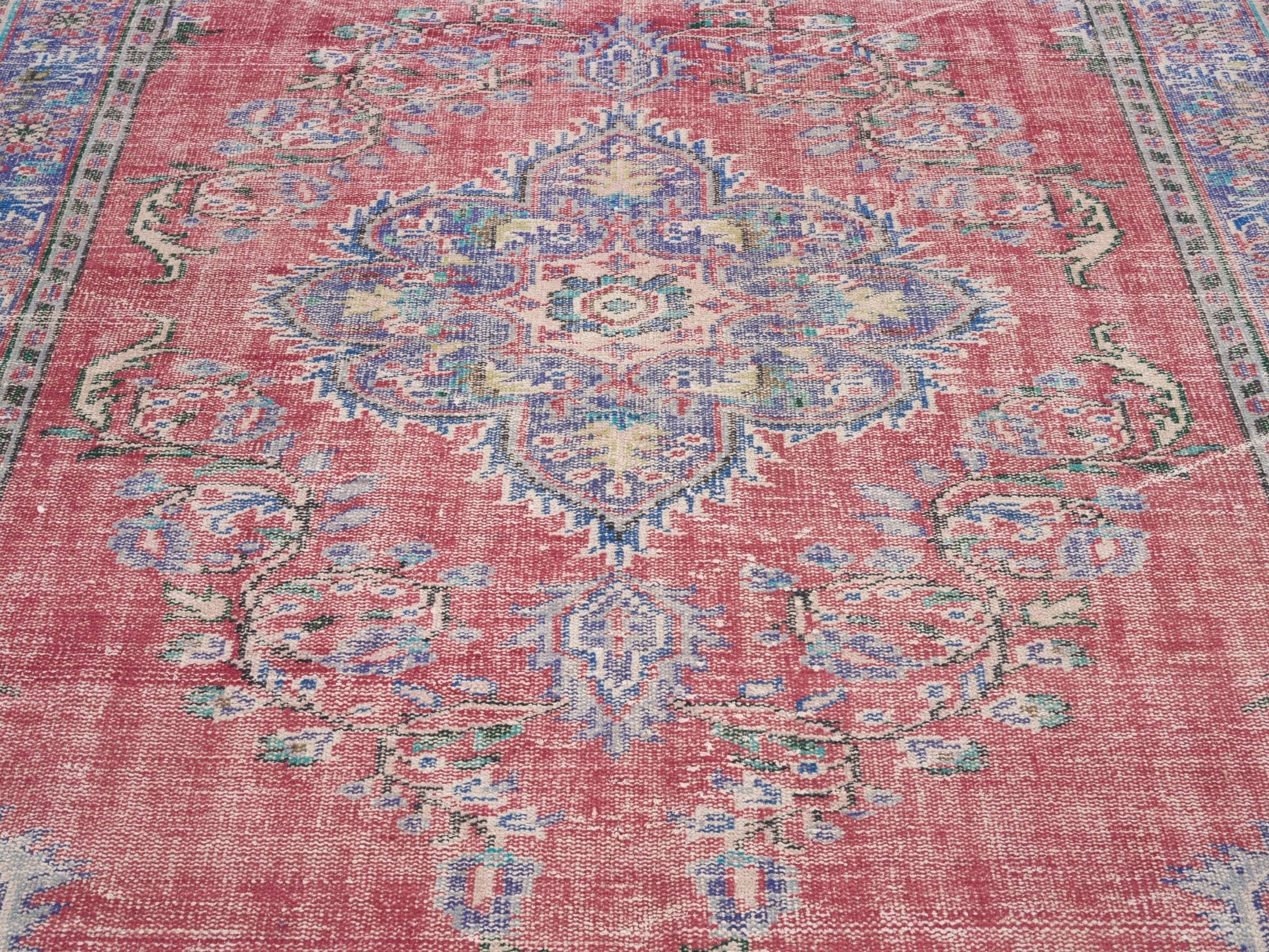 Turkish Manisa area rug in rose and slate blue, view 4 of 10