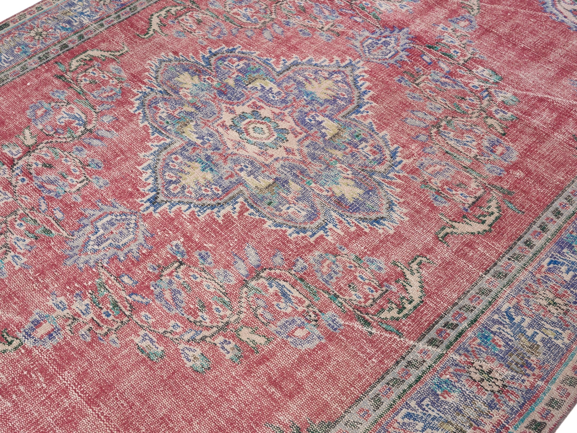Turkish Manisa area rug in rose and slate blue, view 5 of 10
