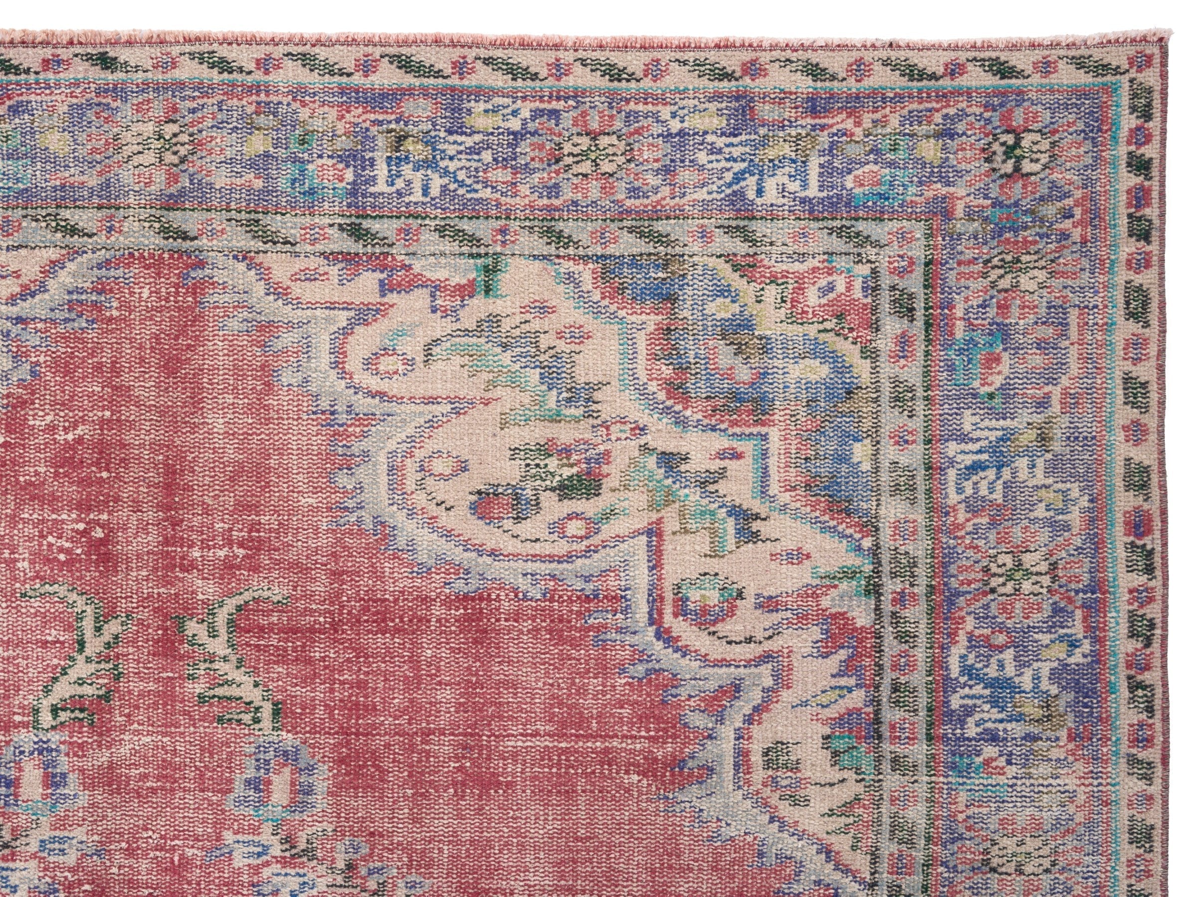Turkish Manisa area rug in rose and slate blue, view 8 of 10