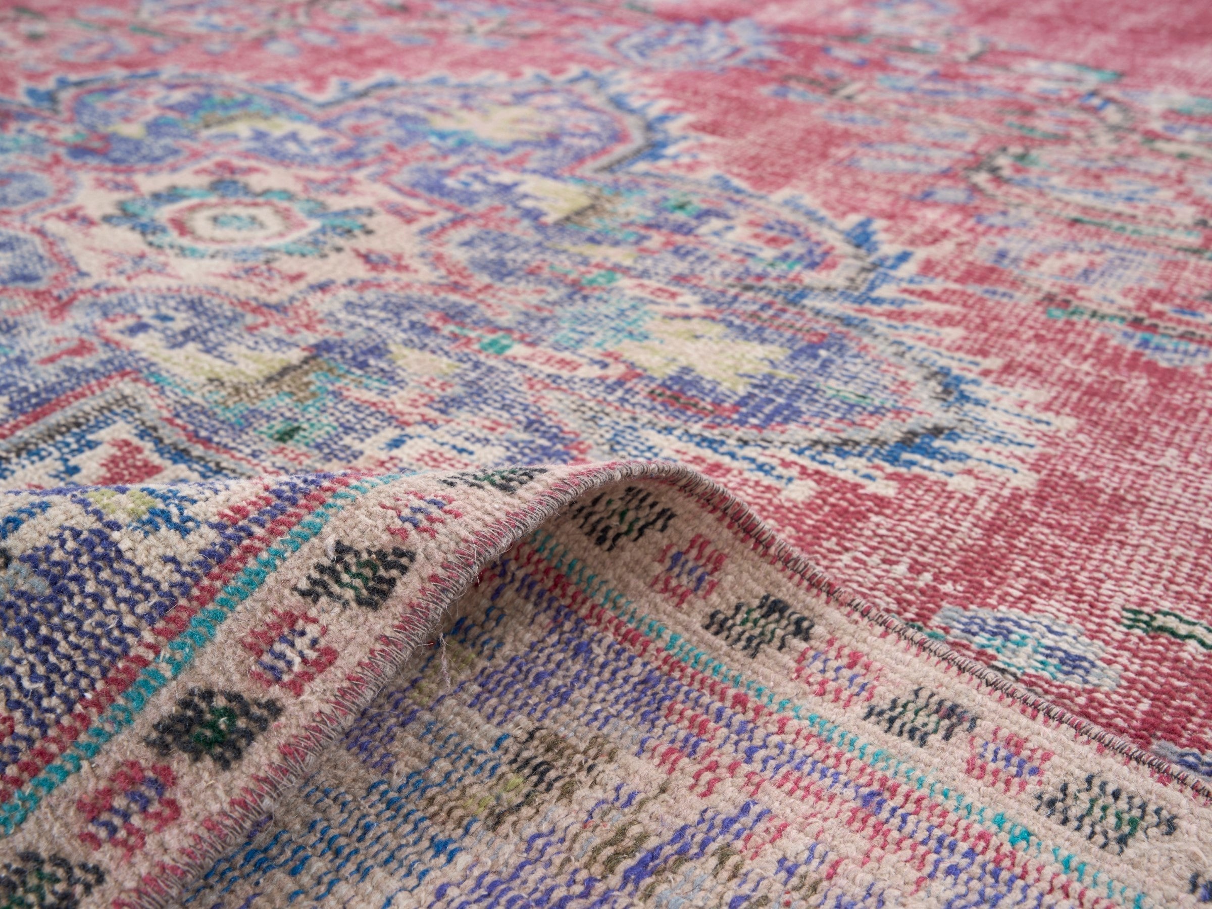 Turkish Manisa area rug in rose and slate blue, view 9 of 10
