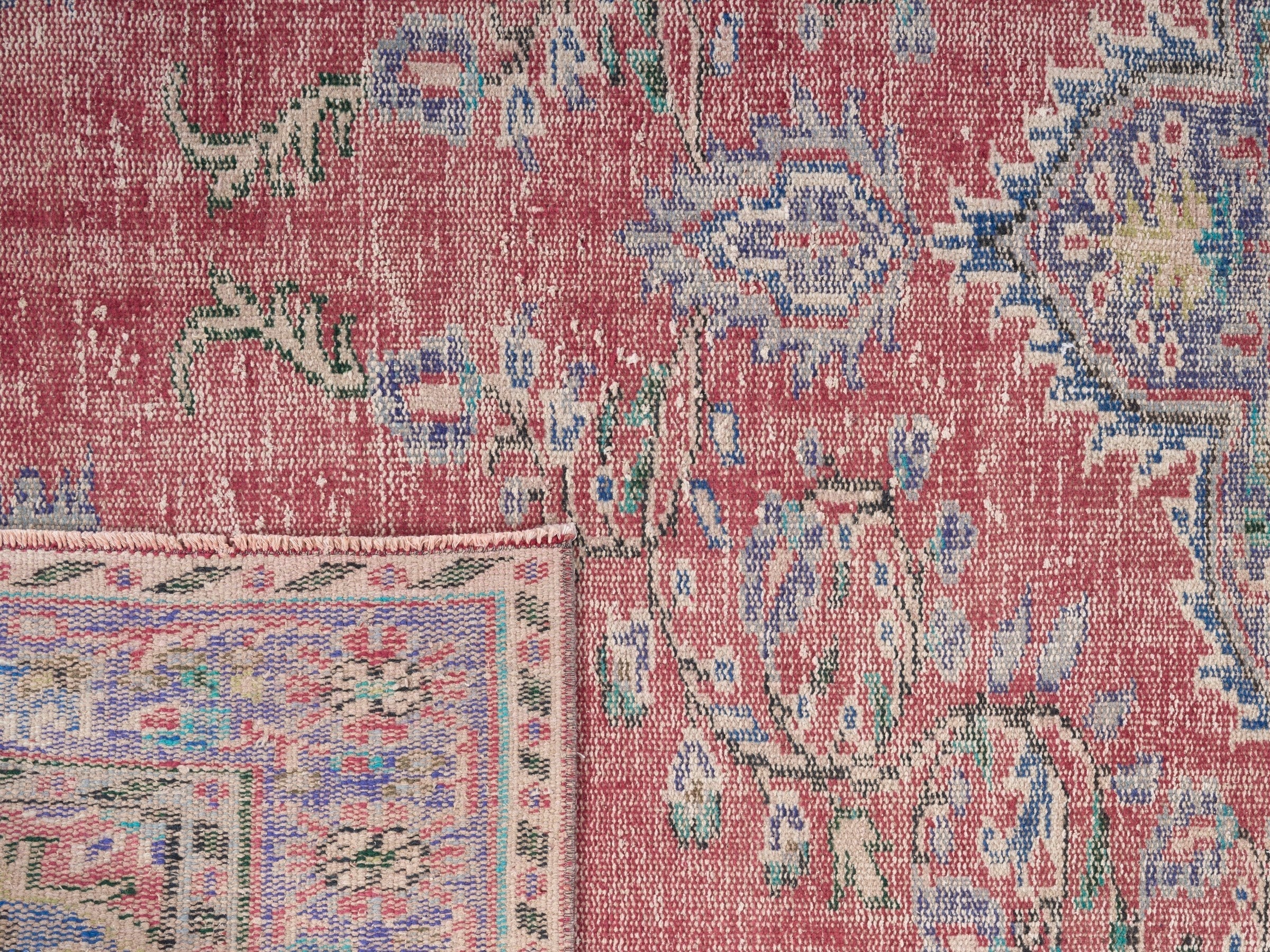 Turkish Manisa area rug in rose and slate blue, view 10 of 10