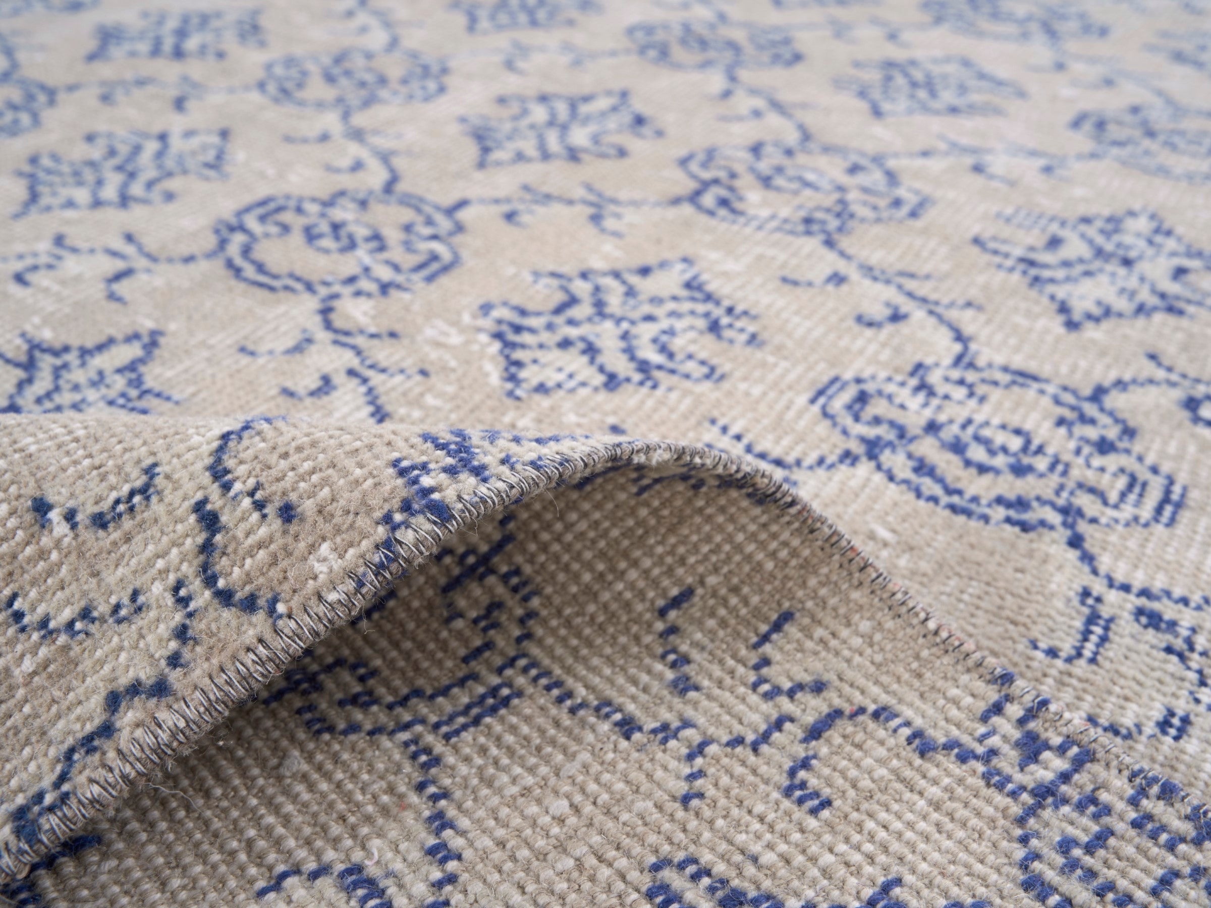 Turkish Isparta area rug in cream and denim, view 9 of 10