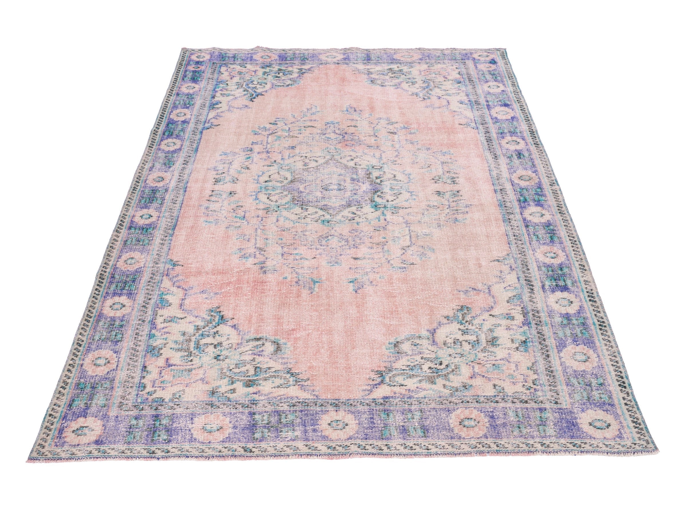 Turkish Manisa area rug in dusty rose and slate blue, view 2 of 10
