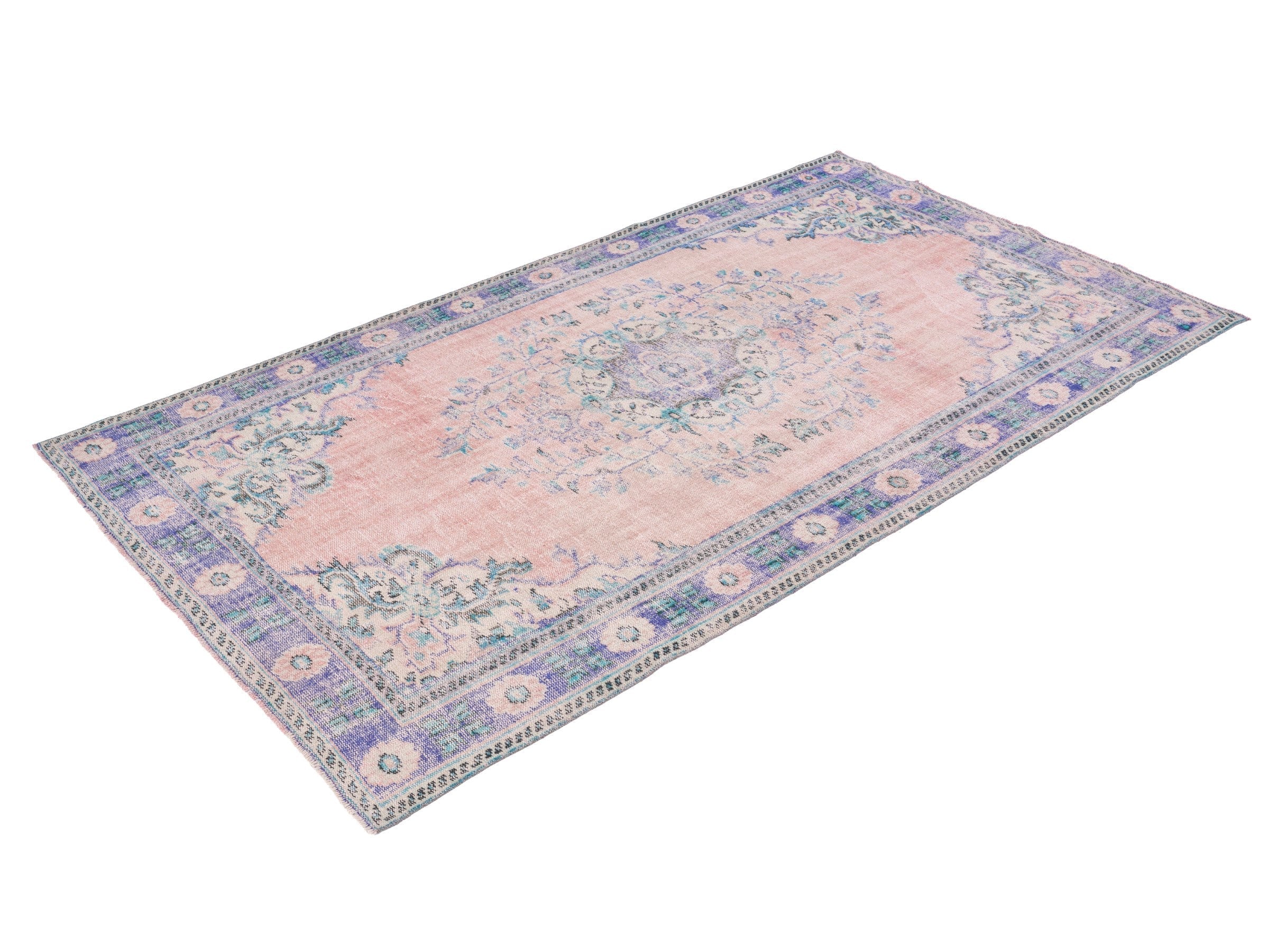 Turkish Manisa area rug in dusty rose and slate blue, view 3 of 10