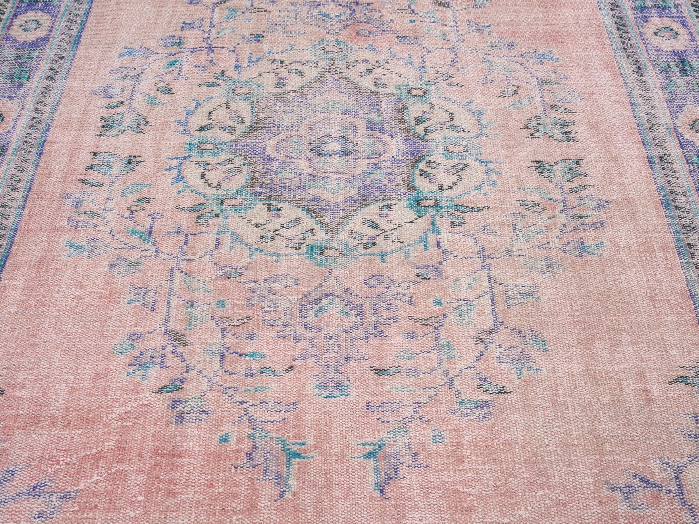 Turkish Manisa area rug in dusty rose and slate blue, view 4 of 10