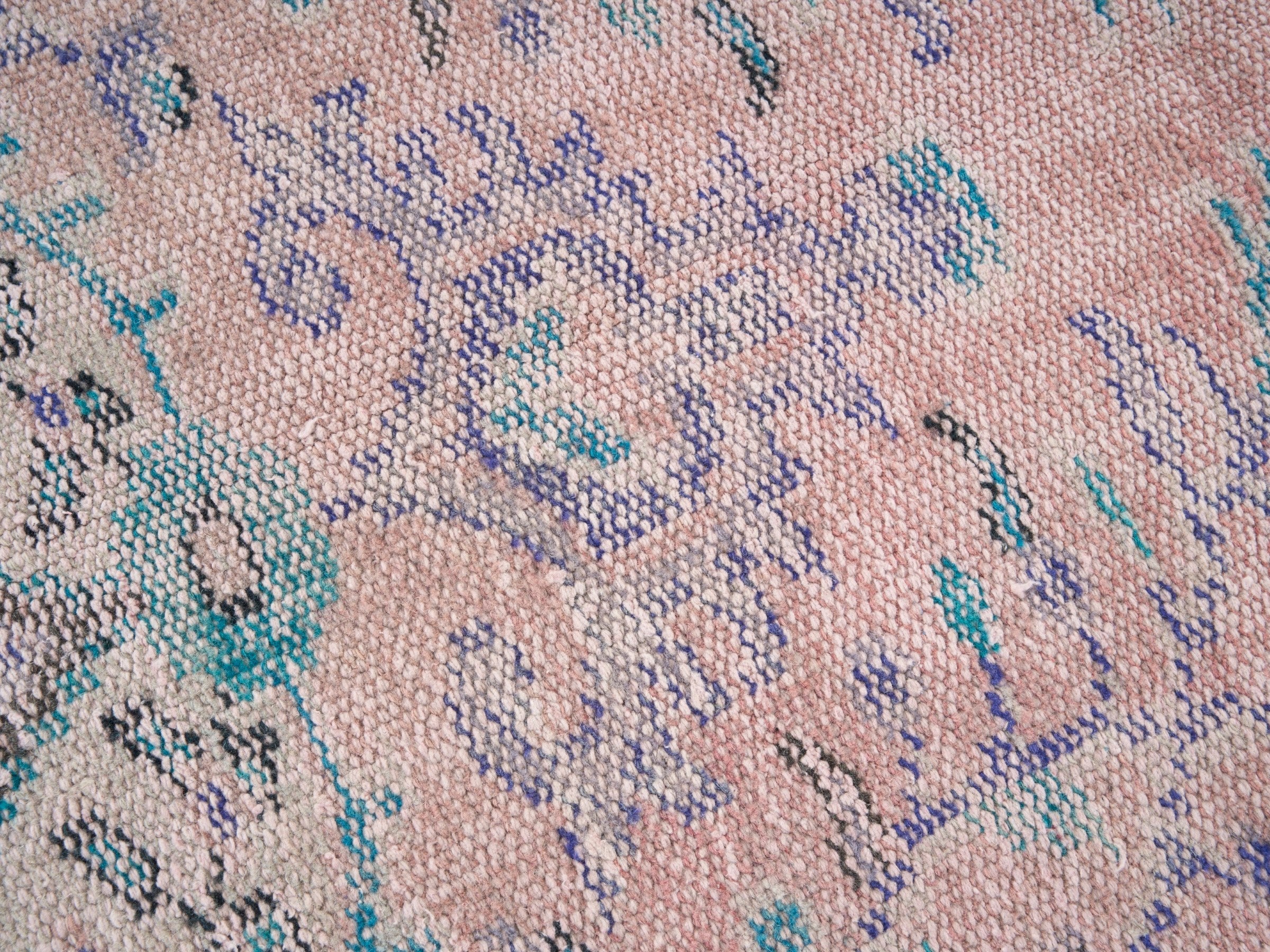 Turkish Manisa area rug in dusty rose and slate blue, view 7 of 10