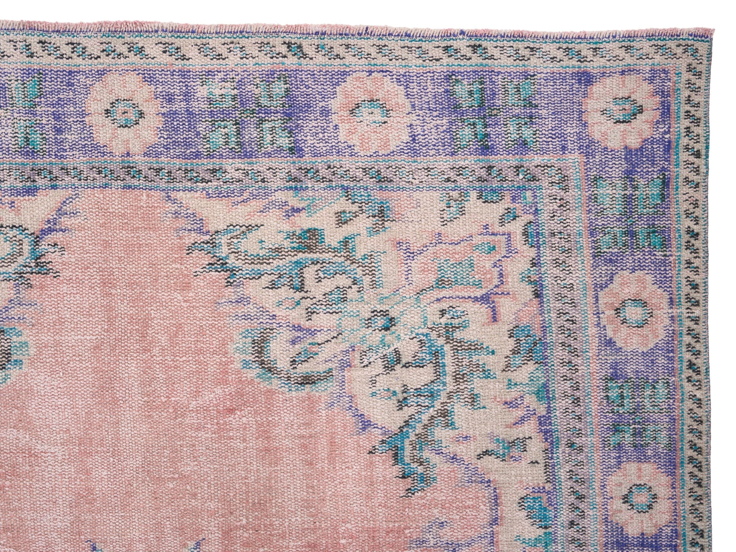 Turkish Manisa area rug in dusty rose and slate blue, view 8 of 10