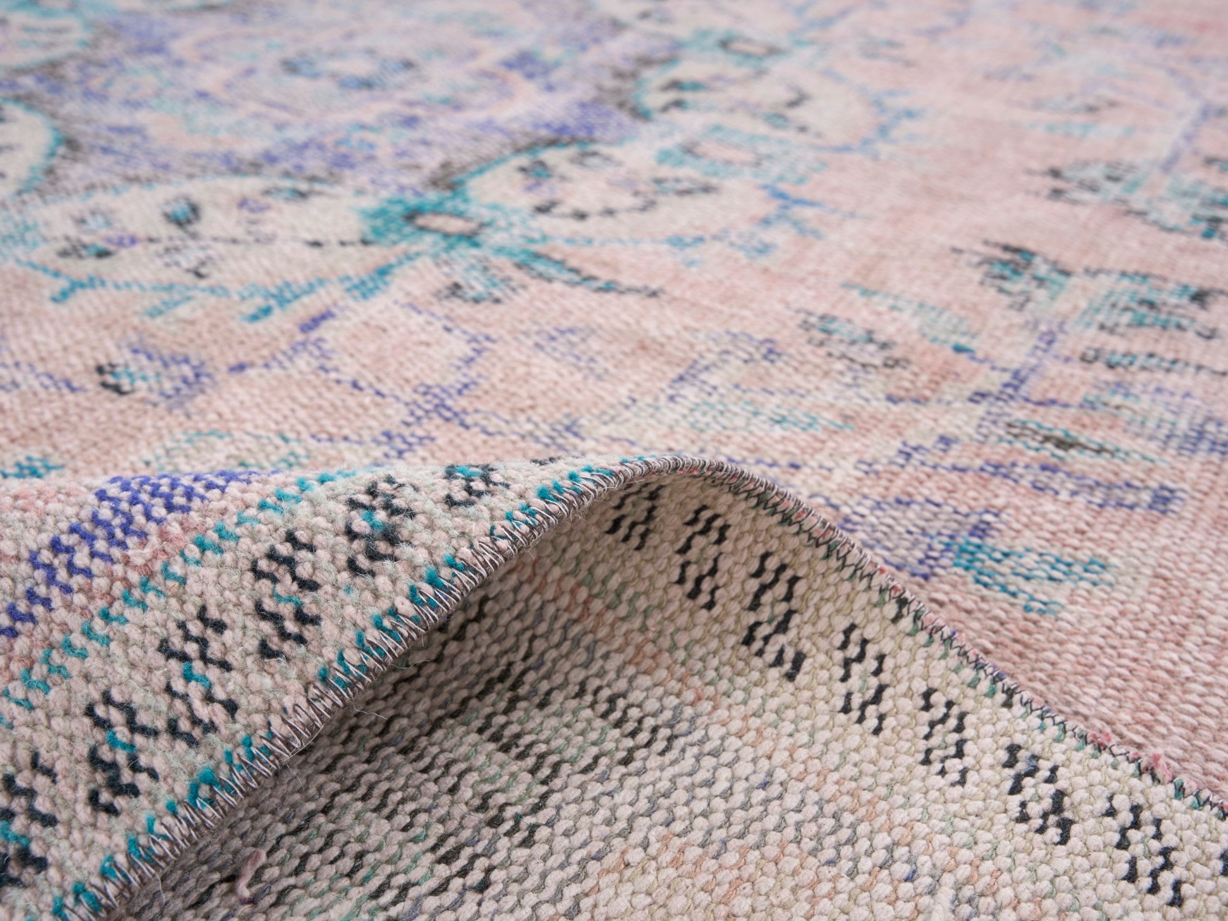 Turkish Manisa area rug in dusty rose and slate blue, view 9 of 10