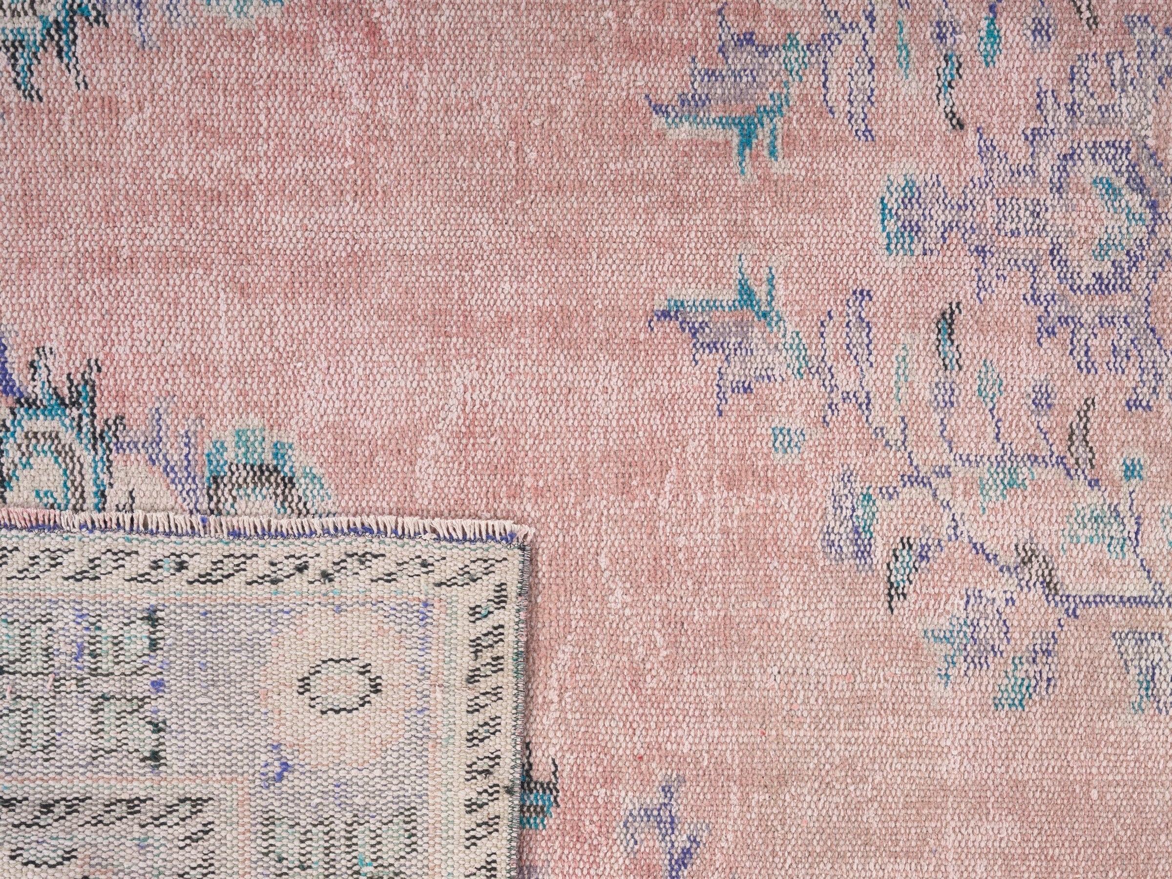 Turkish Manisa area rug in dusty rose and slate blue, view 10 of 10