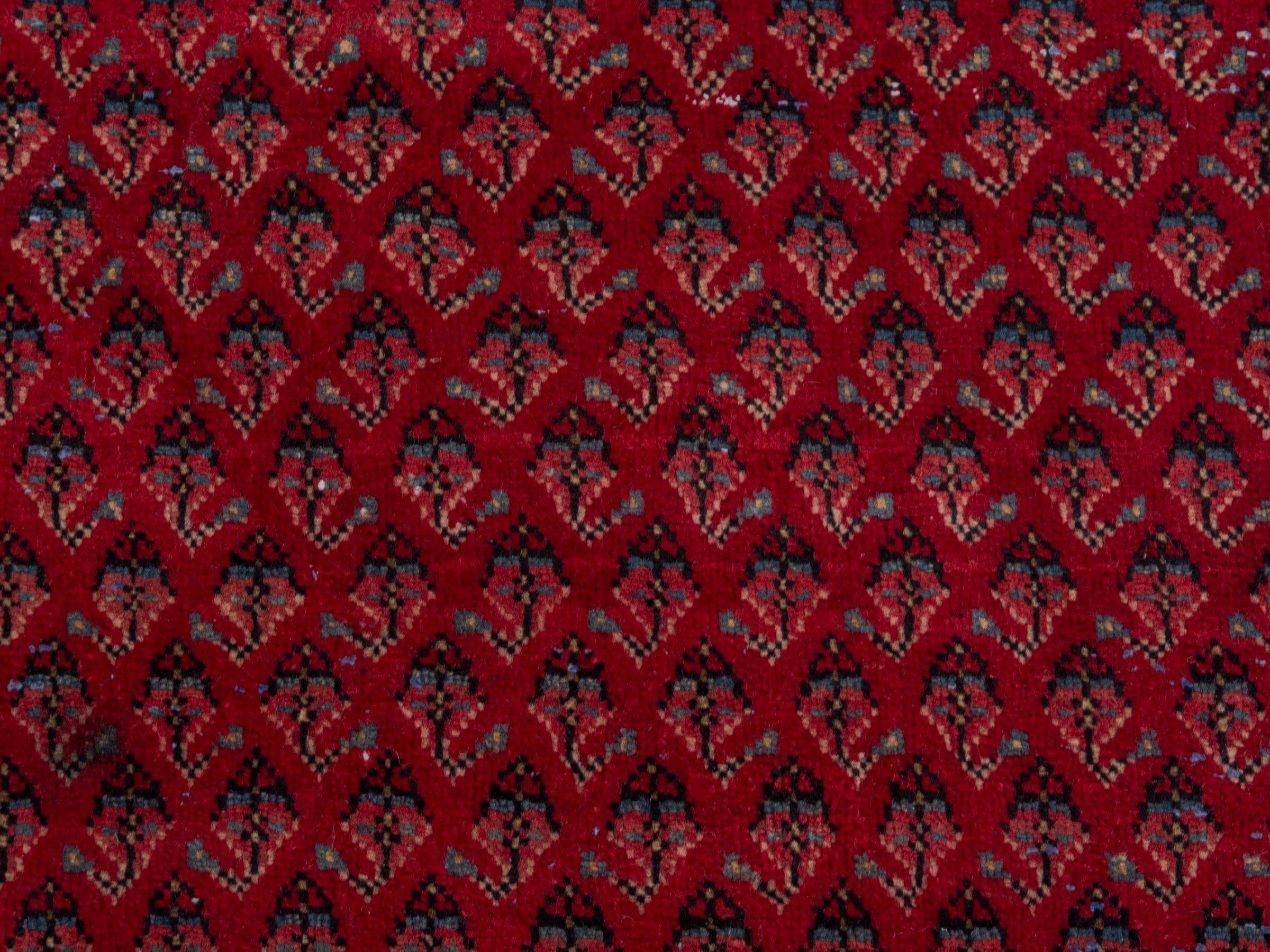 Persian Botteh accent rug in deep red and dusty rose, view 6 of 7