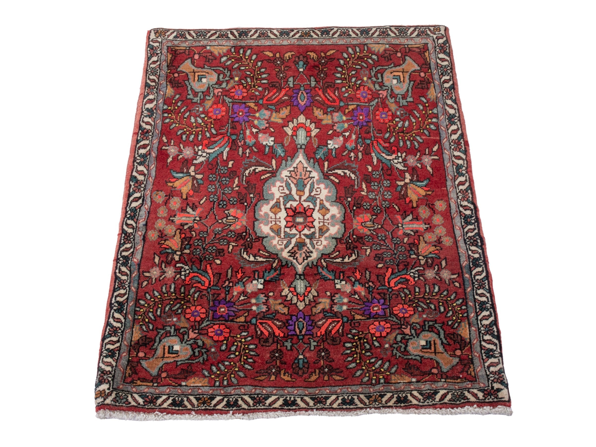 Persian Bijar accent rug in deep red and cream, view 2 of 7