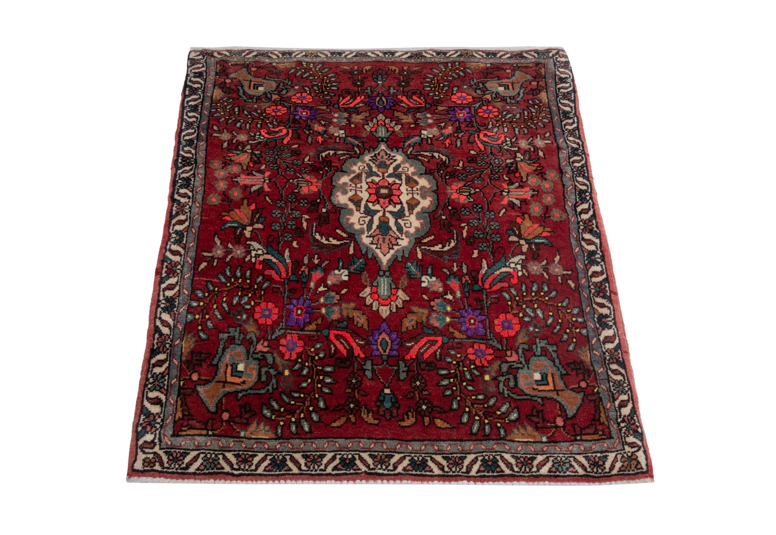 Persian Bijar accent rug in deep red and cream, view 3 of 7