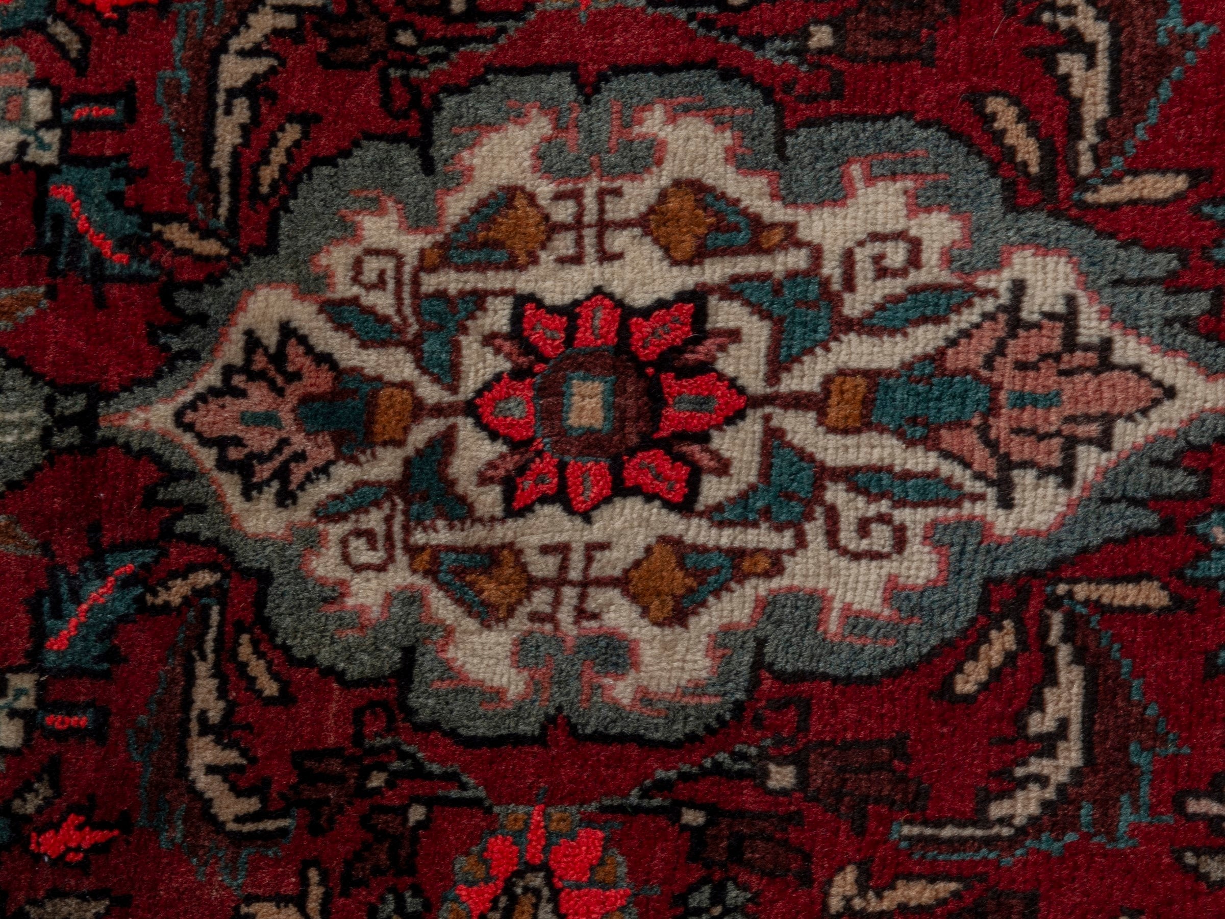 Persian Bijar accent rug in deep red and cream, view 6 of 7