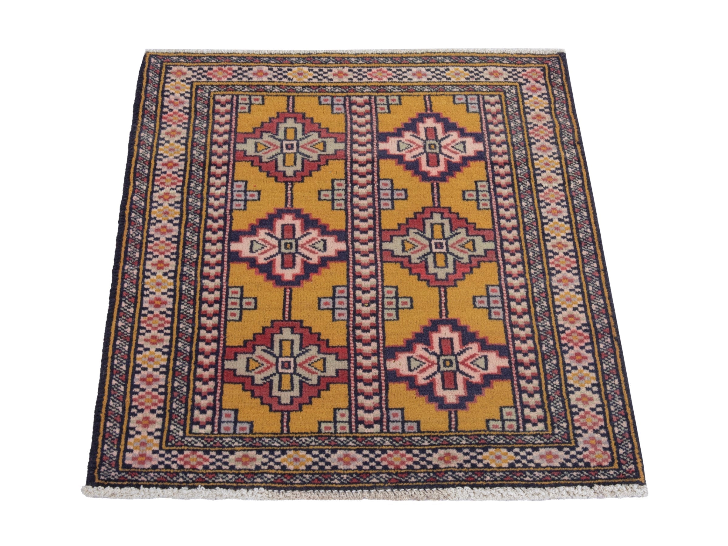 Persian Torkaman accent rug in mustard and burgundy, view 2 of 7