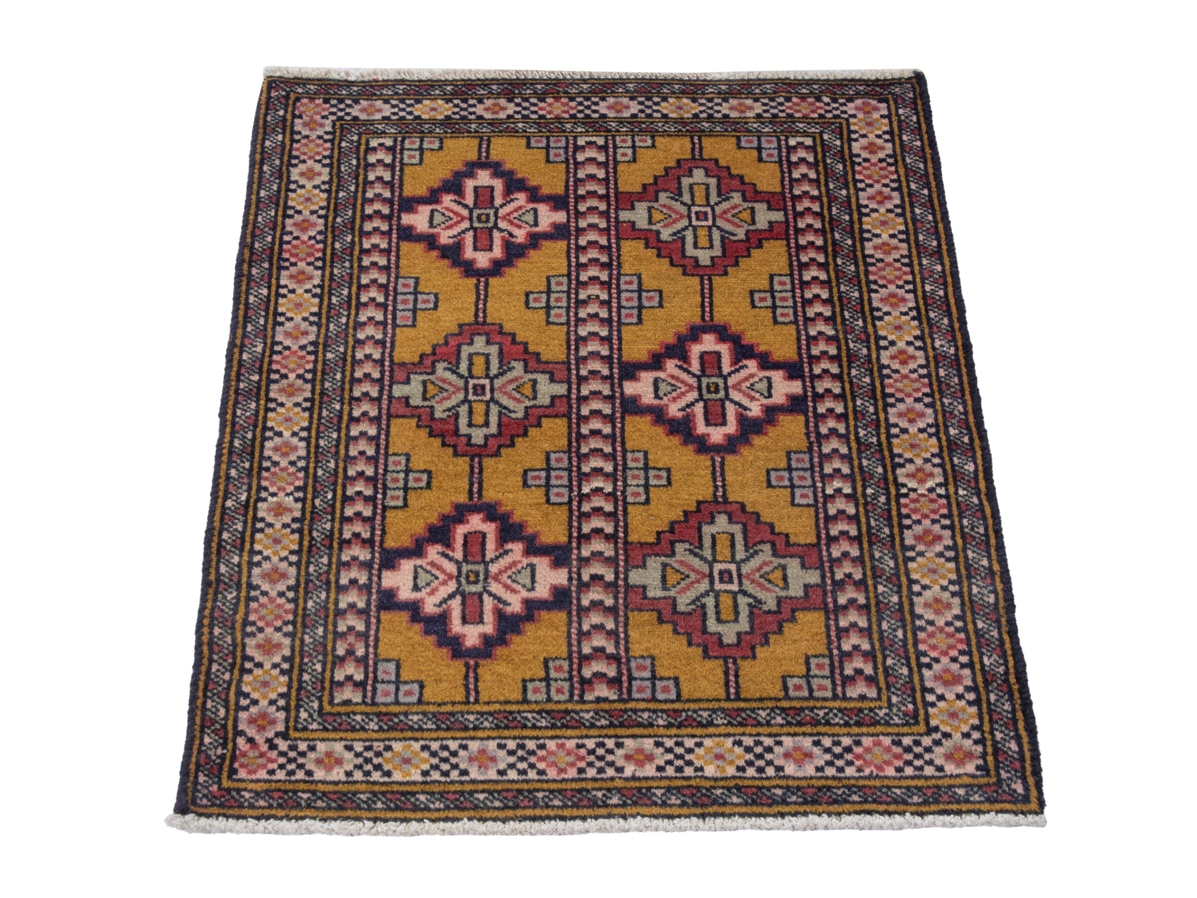 Persian Torkaman accent rug in mustard and burgundy, view 3 of 7