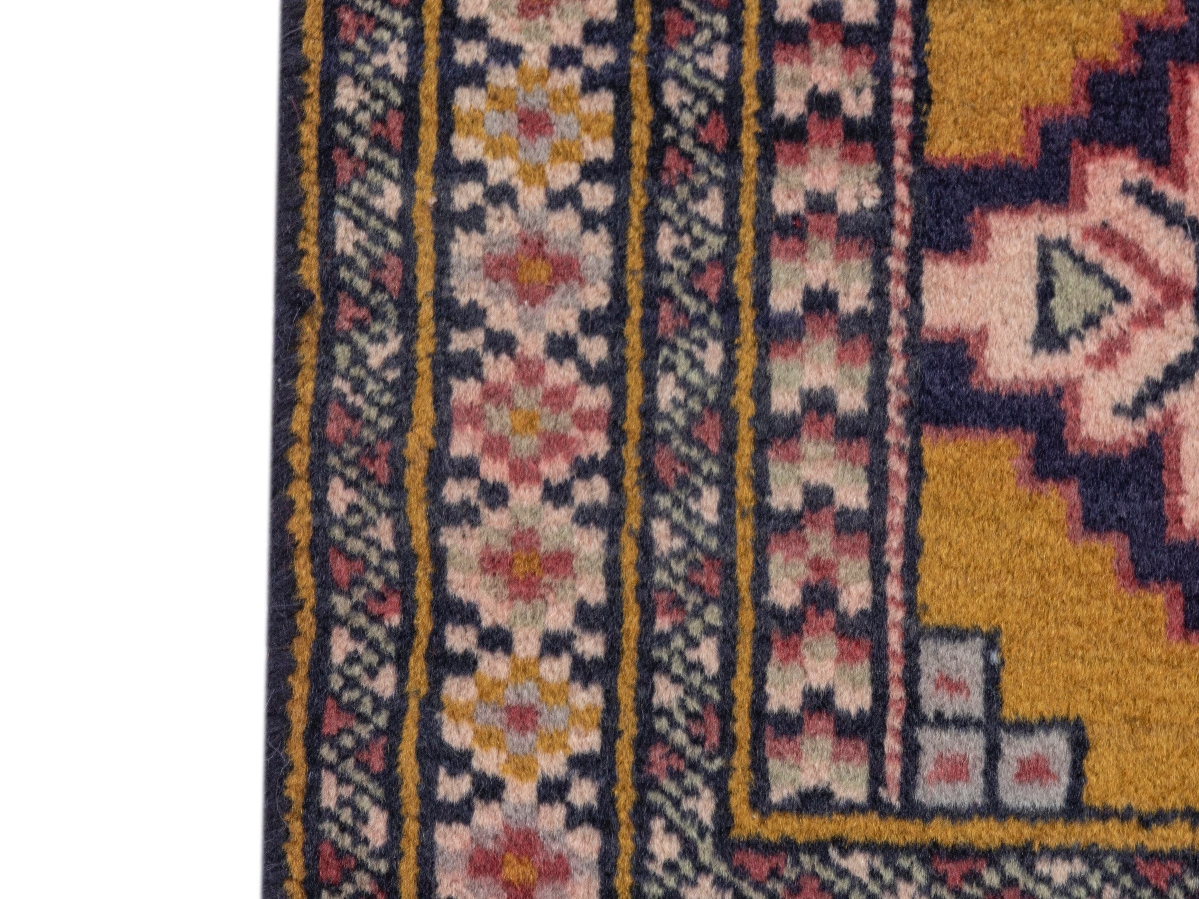 Persian Torkaman accent rug in mustard and burgundy, view 4 of 7