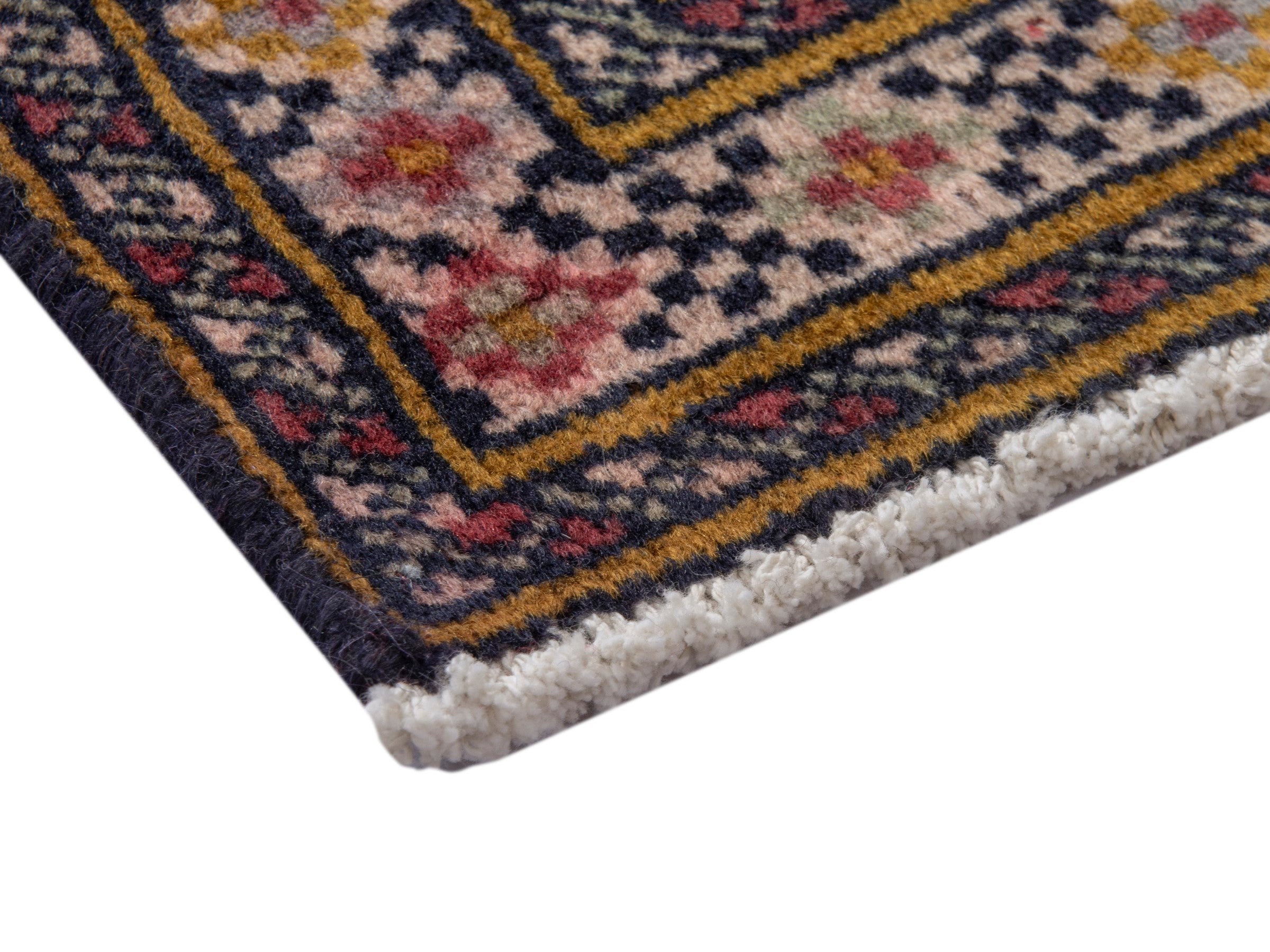 Persian Torkaman accent rug in mustard and burgundy, view 5 of 7