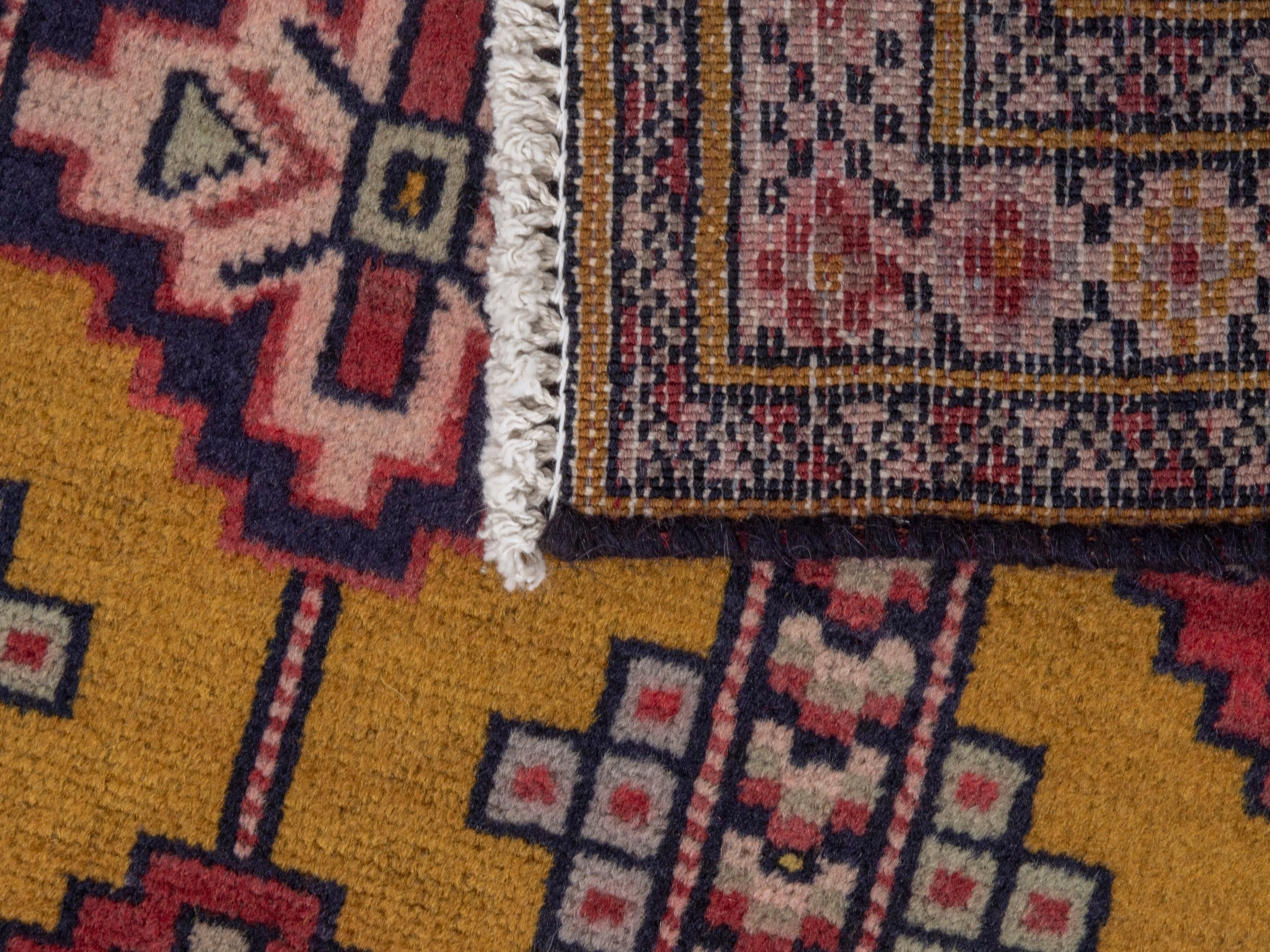 Persian Torkaman accent rug in mustard and burgundy, view 7 of 7