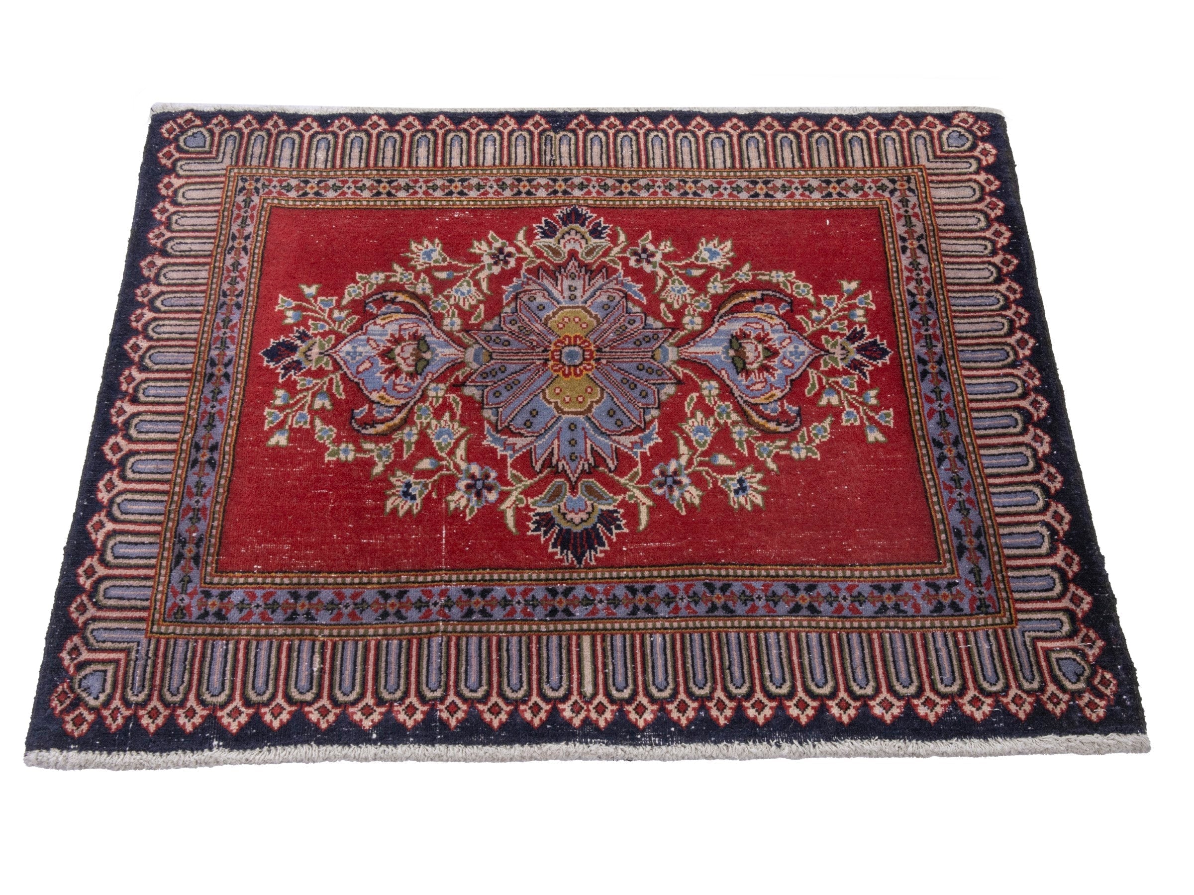 Persian Kashan accent rug in deep red and navy, view 2 of 7