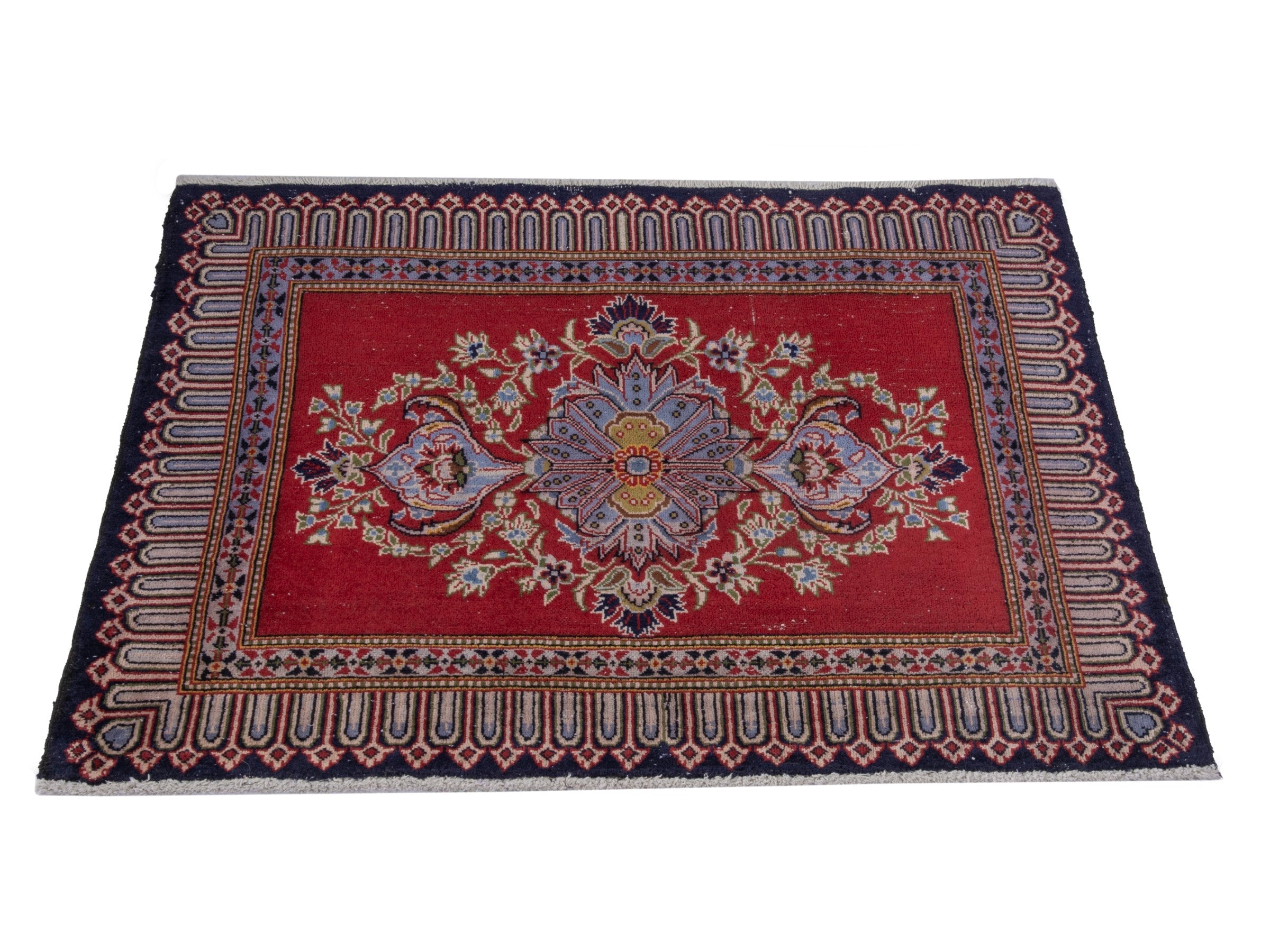 Persian Kashan accent rug in deep red and navy, view 3 of 7