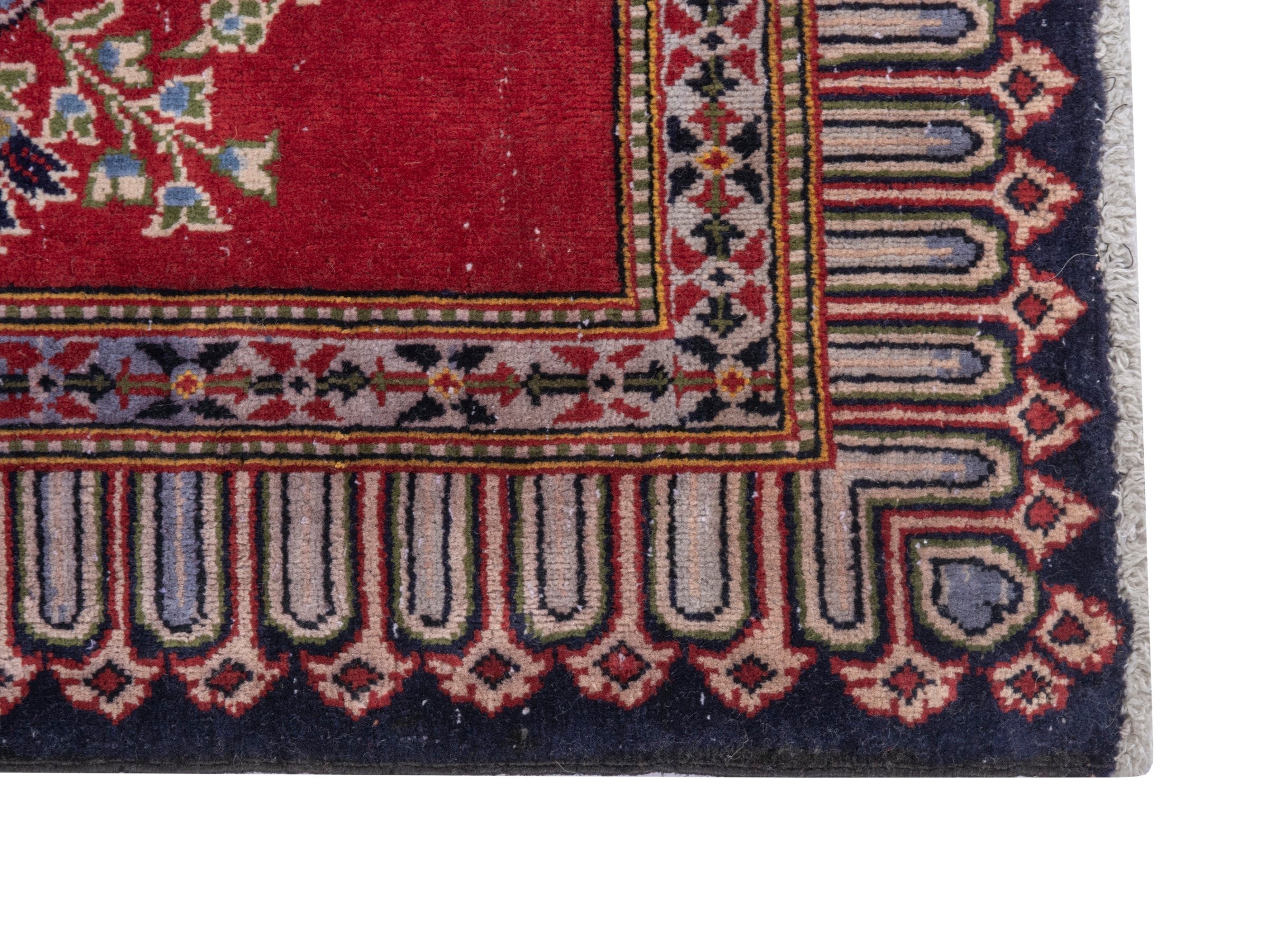 Persian Kashan accent rug in deep red and navy, view 4 of 7