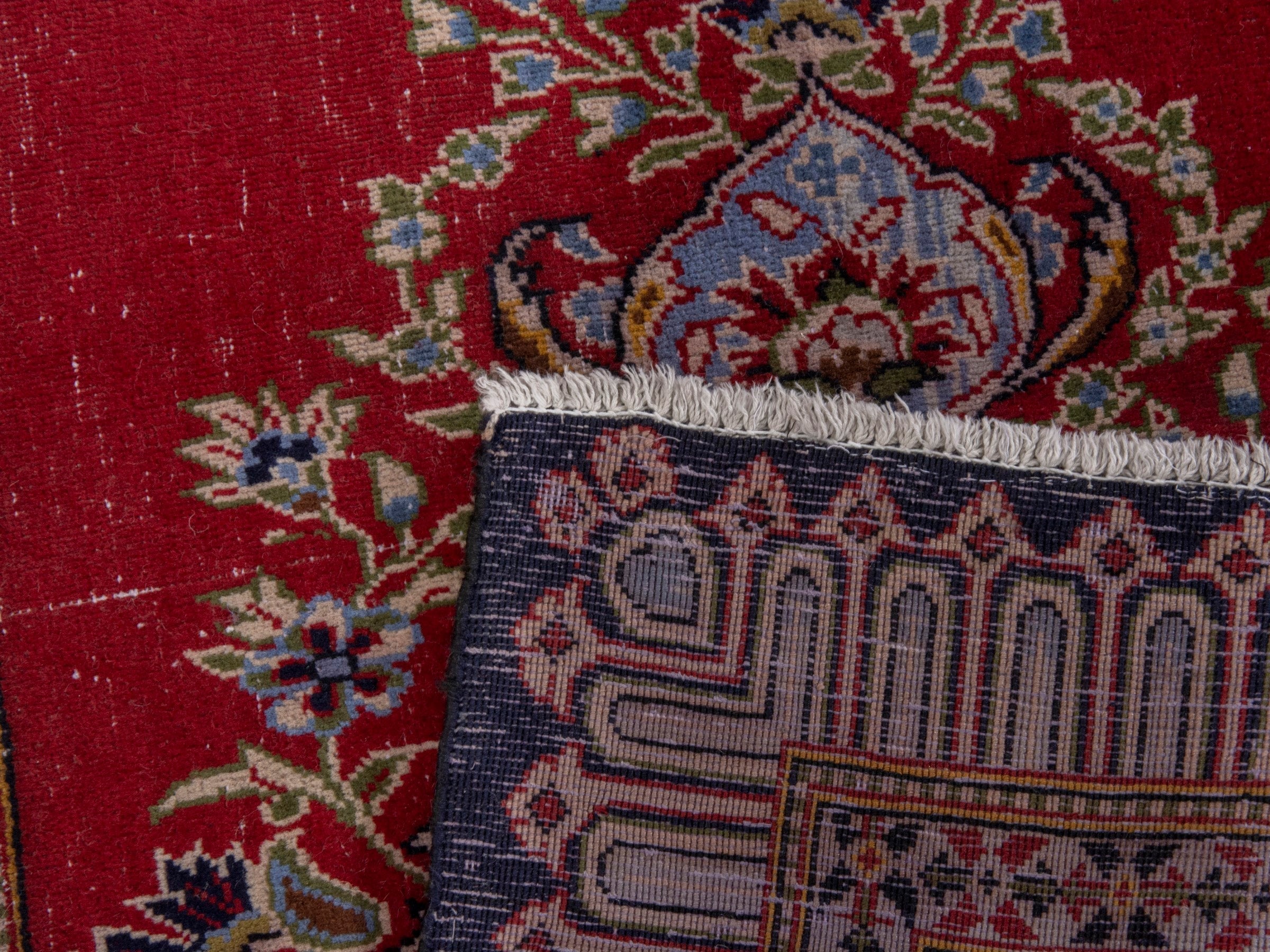 Persian Kashan accent rug in deep red and navy, view 7 of 7