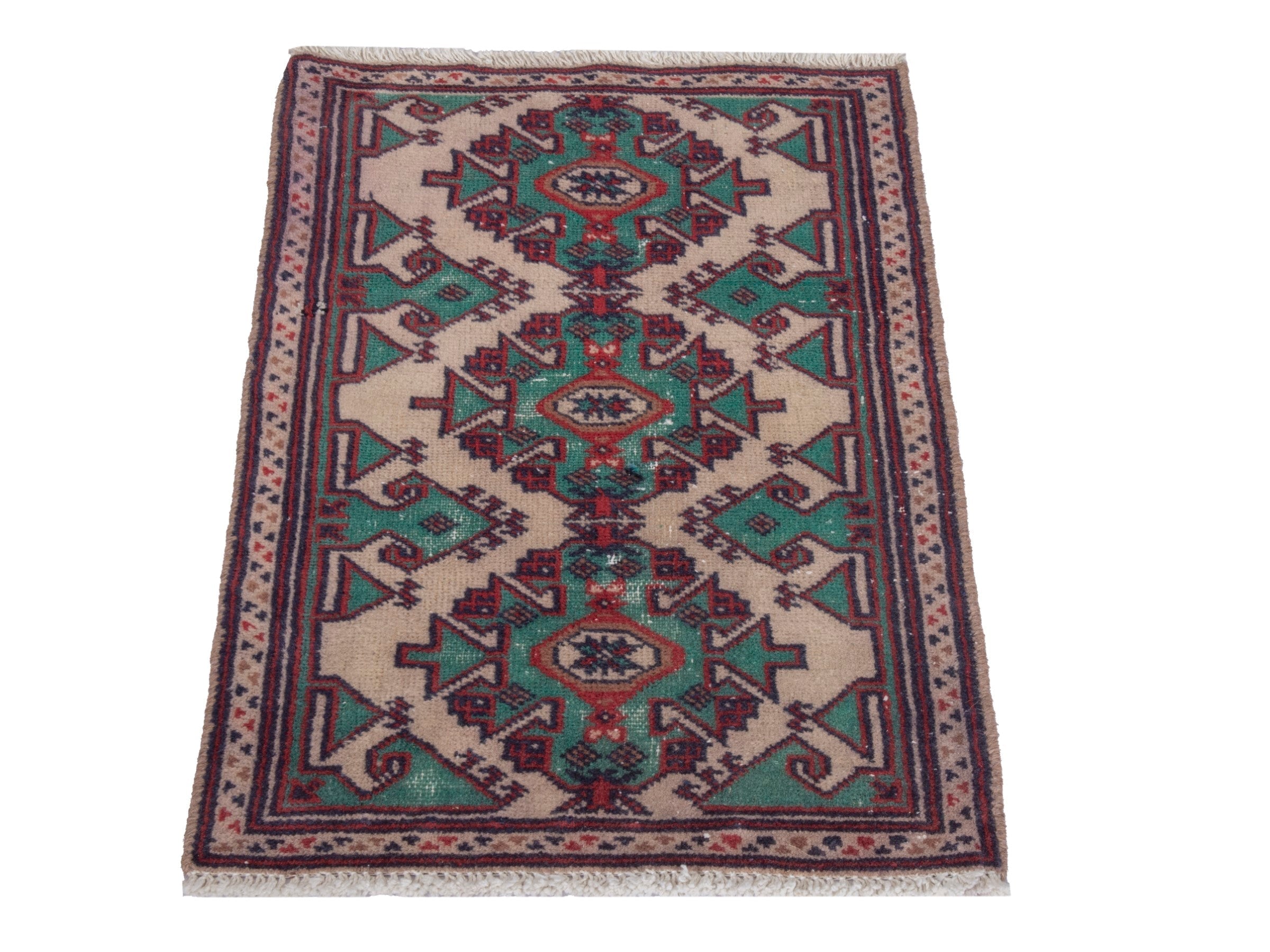 Persian Torkaman accent rug in cream and burgundy, view 2 of 6